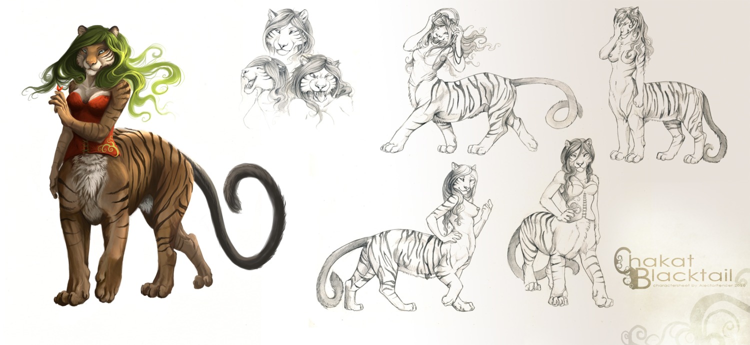 alectorfencer breasts chakat chakat_blacktail cleavage clothed clothing corset e621 electronics facepalm felid felid_taur female green_hair grin hair headphones herm_(lore) hi_res lingerie long_hair looking_at_viewer mammal mammal_taur model_sheet nipples nude quadruped side_view simple_background smile solo tail taur tongue topwear turnaround white_background