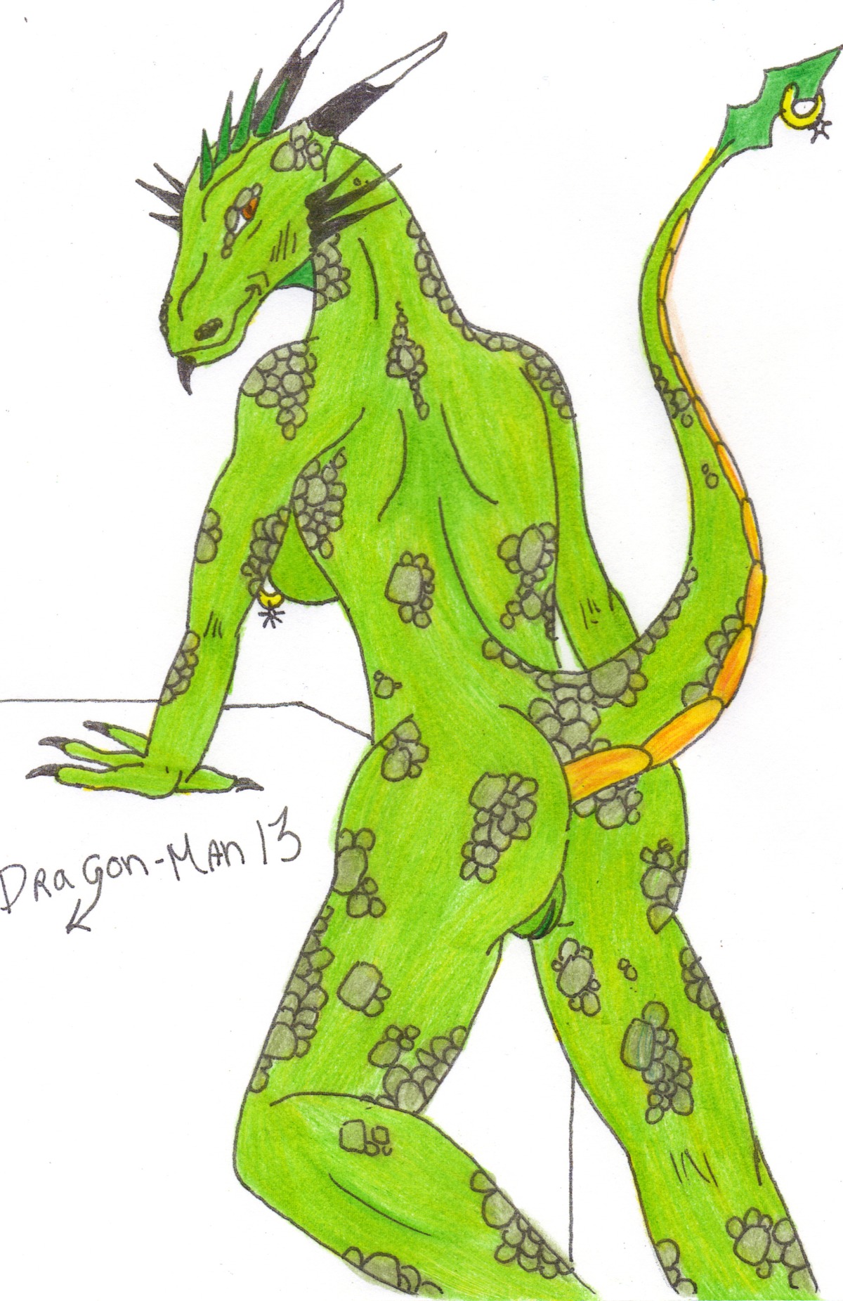 absurd_res anthro breasts claws dragon e621 ear_piercing female genitals hi_res horn mythological_creature mythological_scalie mythology non-mammal_breasts orange_eyes piercing rear_view scalie side_boob solo tail unknown_artist vulva