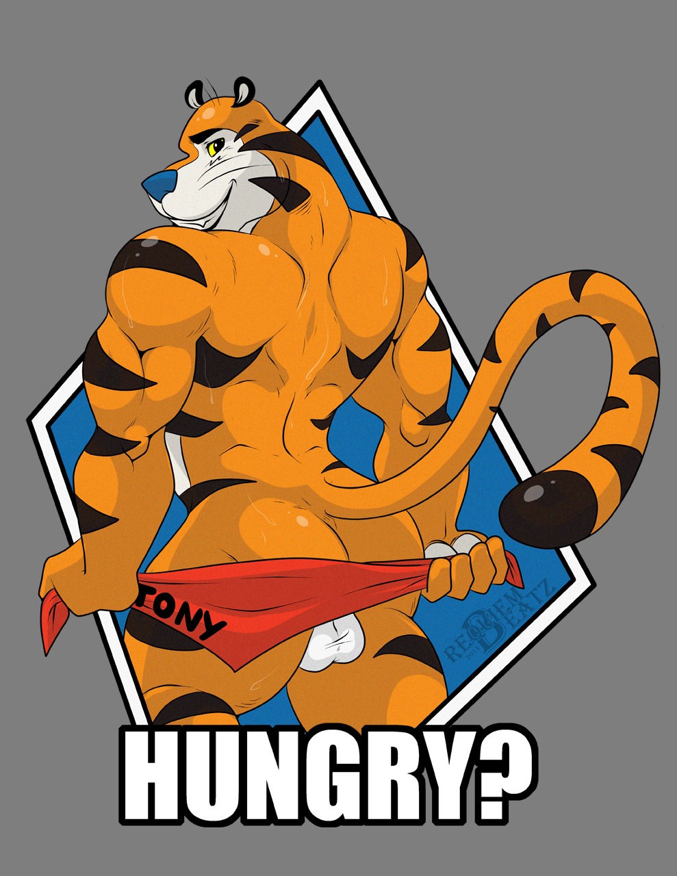 2014 alpha_channel anthro back_muscles backsack balls biceps biped black_body black_fur blue_nose butt countershading e621 english_text felid frosted_flakes fur genitals hi_res kellogg's khuraji looking_at_viewer looking_back male mammal markings mascot mooning muscular muscular_anthro muscular_male nude orange_body orange_fur pantherine rear_view solo standing stripes text tiger tony_the_tiger whiskers white_body white_fur yellow_eyes