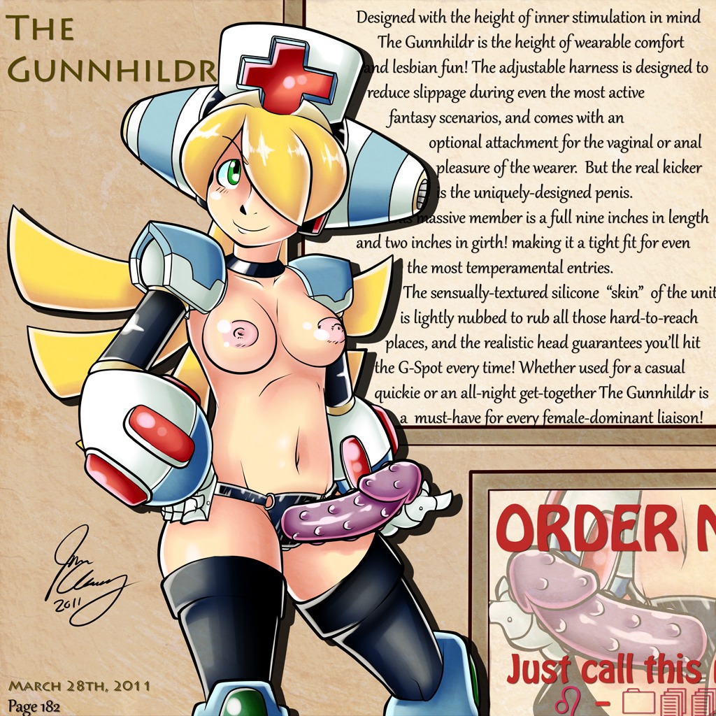 1girls areola blonde_hair breasts cinnamon_gaudille english female green_eyes long_hair mega_man mega_man_x nipples nude nurse nurse_cap radlionheart reploid robot robot_girl rule34 sex_toy small_breasts smiling solo standing strap-on strapon studded_dildo tagme thighhighs uncensored