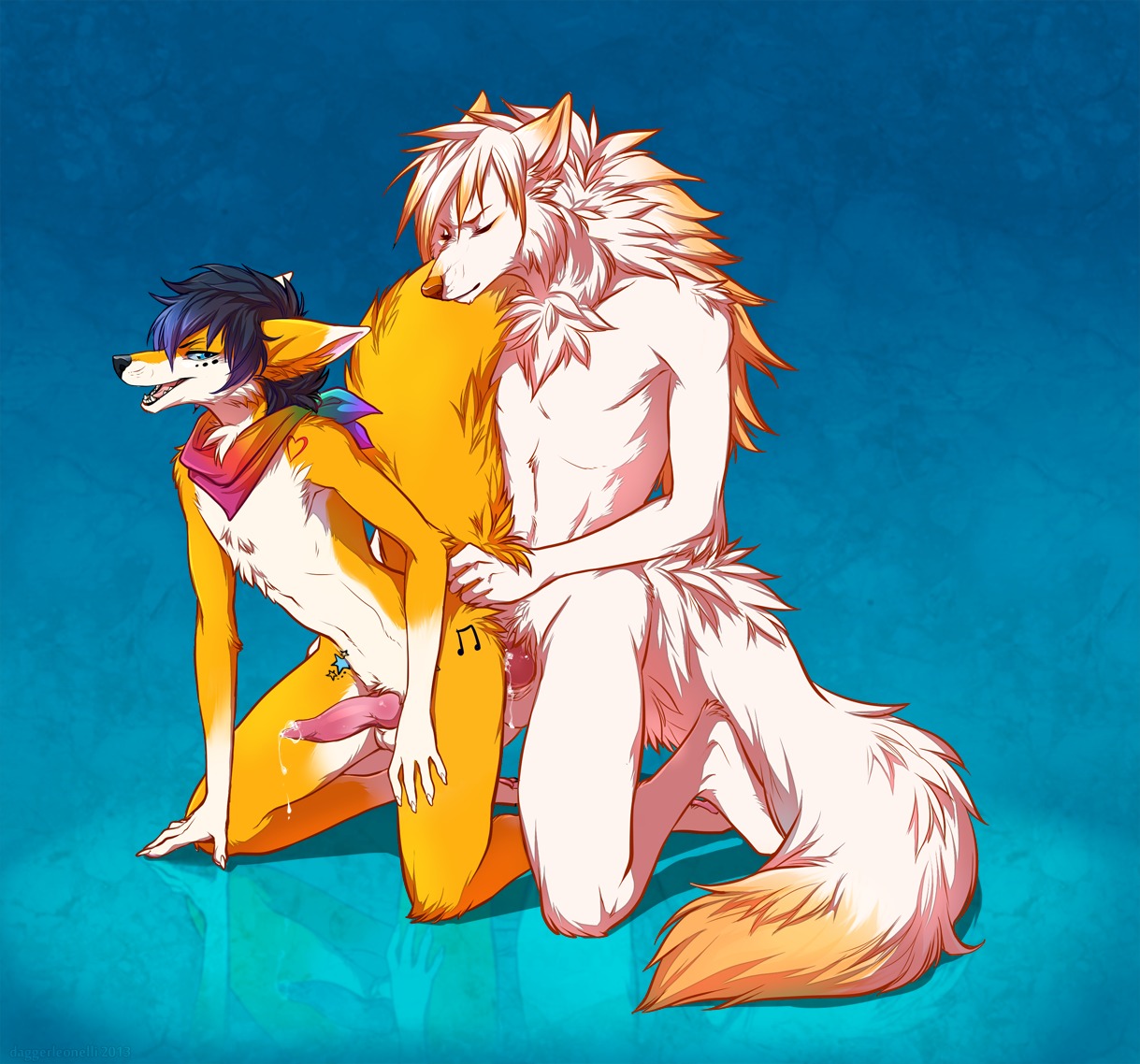 anal anal_penetration animal_genitalia animal_penis anthro anthro_on_anthro blue_background bodily_fluids canid canine canine_genitalia canine_penis canis chest_tuft clothing cum dagger_leonelli duo e621 erection femboy fluffy fox from_behind_position fur genital_fluids genitals kerchief knot majime male male/male male_penetrated male_penetrating male_penetrating_male mammal multicolored_clothing multicolored_kerchief nude penetration penis rainbow_clothing rainbow_kerchief sex simple_background tail tuft white_body white_fur wolf yellow_body yellow_fur