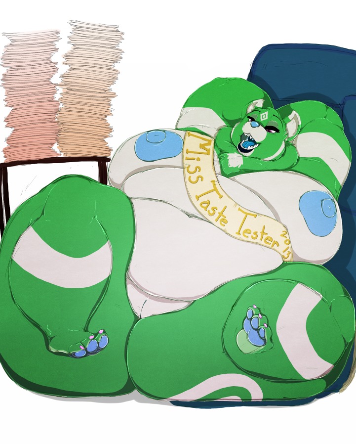 anthro areola banner bear belly big_areola big_belly big_breasts blue_nipples blue_tongue breasts chair e621 female fur furniture genitals green_body green_fur herro huge_breasts mammal morbidly_obese morbidly_obese_anthro morbidly_obese_female nipples obese obese_anthro obese_female overweight overweight_anthro overweight_female paper purple_eyes simple_background solo table thick_thighs tongue vulva white_background