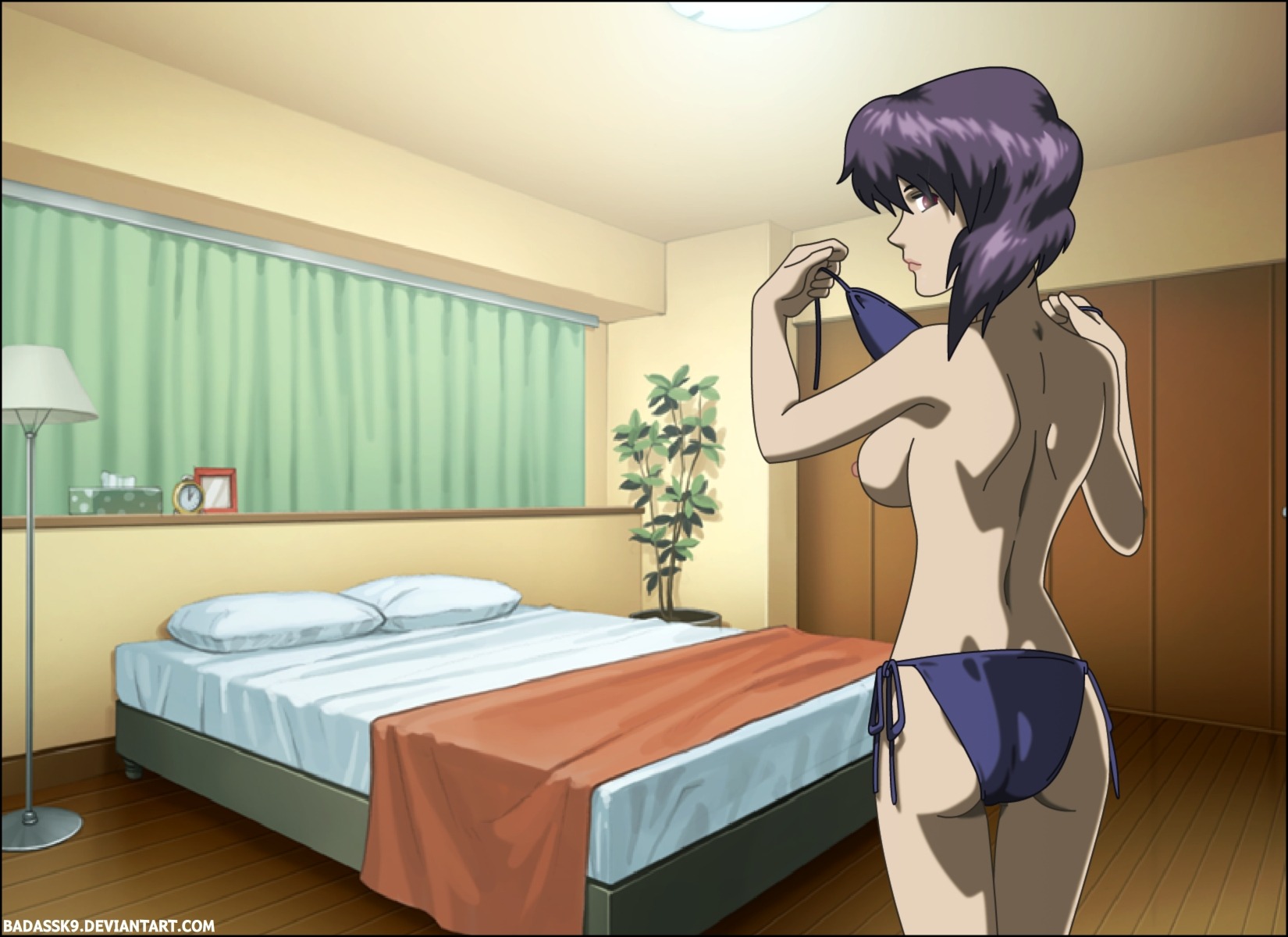 1girls badassk9 bikini breasts deviantart female female_only ghost_in_the_shell kusanagi_motoko nipples purple_eyes purple_hair rule34 side-tie_bikini solo swimsuit tagme undressing