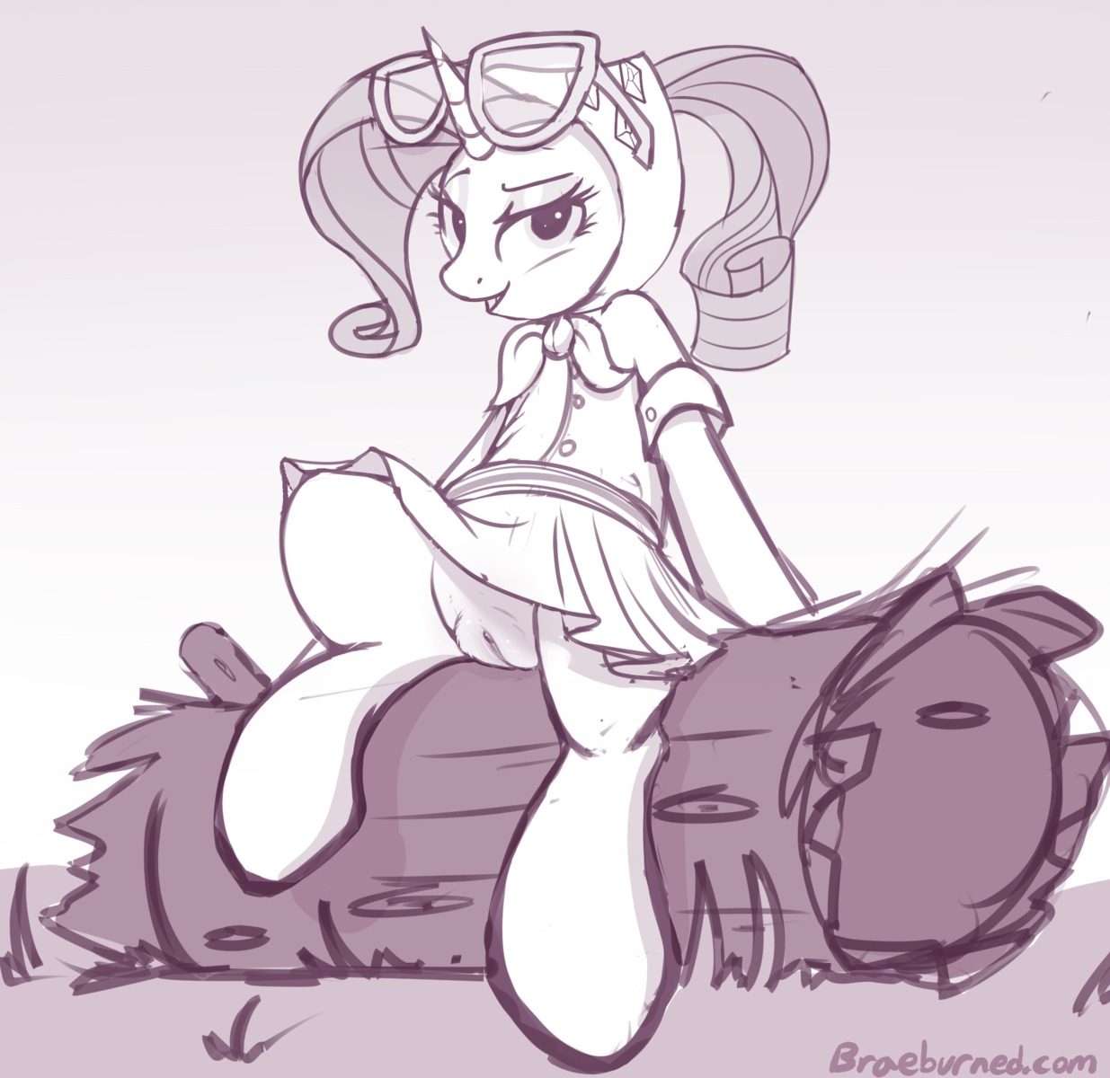 bottomwear braeburned clothing digital_media_(artwork) e621 equid equine eyewear female feral friendship_is_magic genitals glasses hasbro headgear headkerchief headwear hi_res horn kerchief log mammal monochrome my_little_pony mythological_creature mythological_equine mythology presenting rarity_(mlp) skirt solo text unicorn url vulva wood