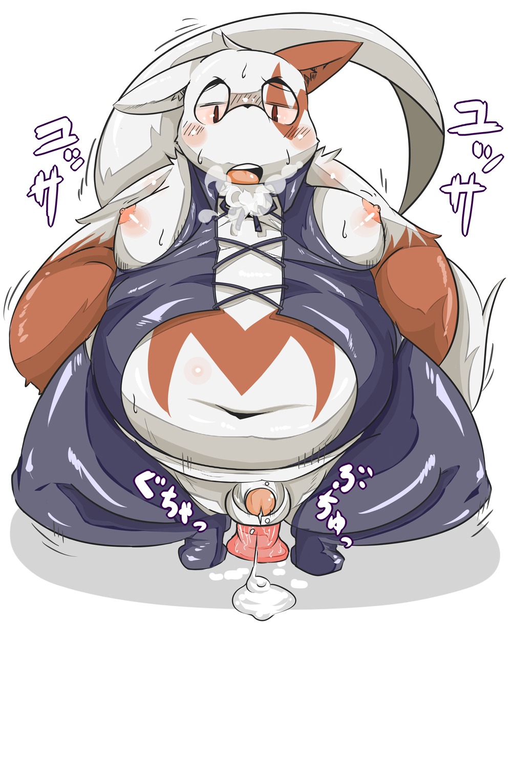2:3 anal anal_masturbation anal_penetration anthro bodily_fluids cum dildo dildo_sitting e621 generation_3_pokemon genital_fluids genitals hi_res humanoid_genitalia humanoid_penis japanese_text male masturbation moobs nasu nintendo obese obese_male overweight overweight_male penetration penis pokemon pokemon_(species) sex_toy simple_background solo sweat tail text tired toying_self translation_request white_background zangoose