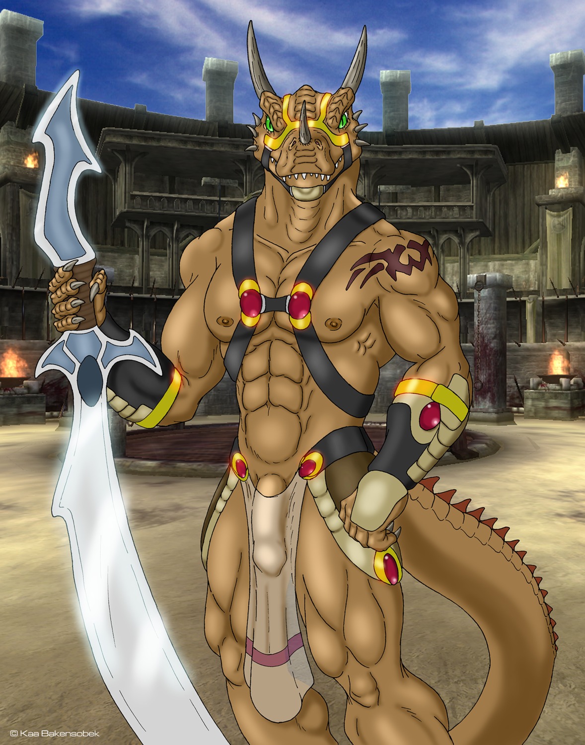 2006 abs anthro argonian armor biceps big_muscles biped bottomwear brown_body brown_scales bulge claws clothed clothing convincing_weapon crotch_apron detailed_bulge e621 fangs flaccid front_view genital_outline genitals gladiator green_eyes hi_res holding_melee_weapon holding_object holding_sword holding_weapon horn ineffective_clothing ineffective_loincloth kaa_bakensobek loincloth looking_at_viewer male melee_weapon microsoft muscular muscular_anthro muscular_male nipples penis penis_base penis_outline reptile scales scalie solo standing sword tail tattoo teeth the_elder_scrolls thick_thighs translucent translucent_clothing translucent_loincloth unconvincing_armor warrior weapon
