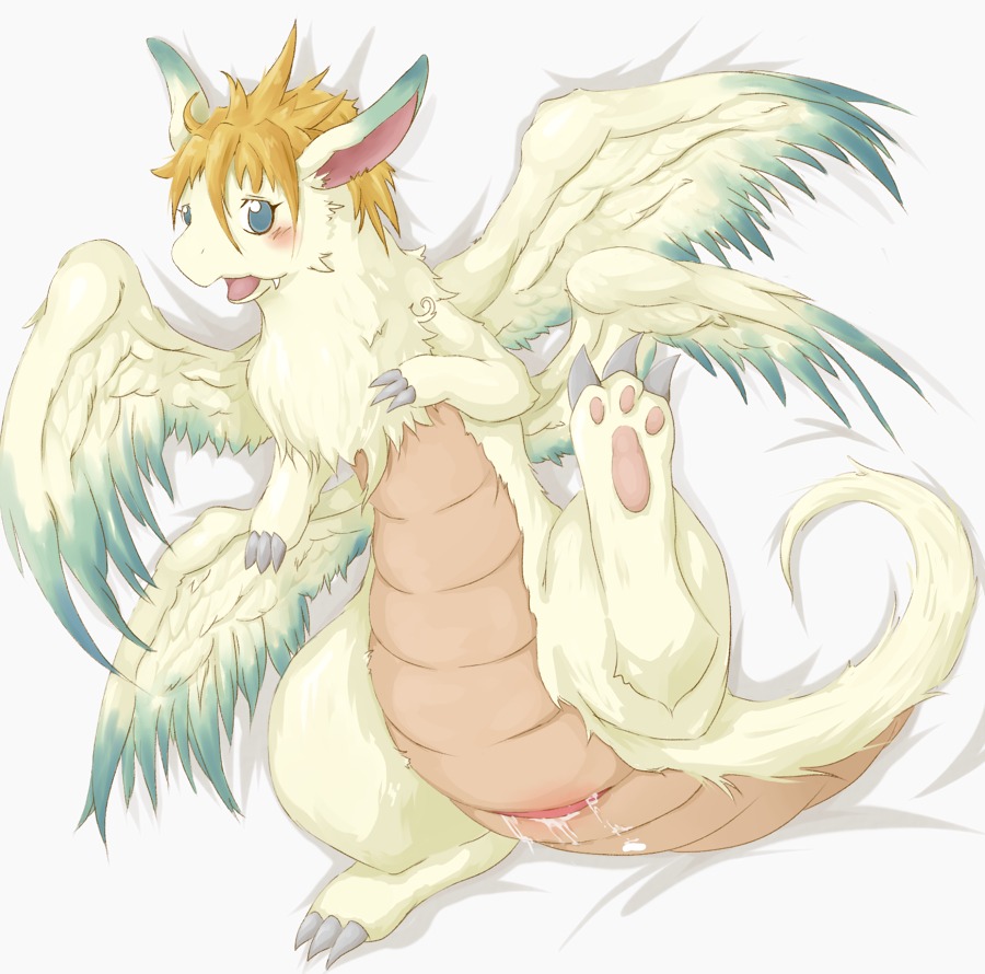 ambiguous_gender animal_genitalia blonde_hair blue_eyes bodily_fluids cloaca cloaca_juice e621 fangs feathered_wings feathers flammie fur genital_fluids genitals hair horizontal_cloaca looking_at_viewer mana_(series) presenting presenting_cloaca solo square_enix tail teeth unknown_artist wings