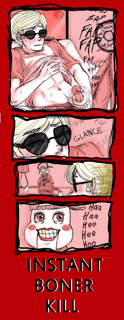 1boy artist_request blonde_hair blush comic dave_strider fan hat homestuck lamp laughing lil'_cal male masturbation ms_paint_adventures muscular necklace penis puppet red_eyes rule34 shirt_lift short_hair solo sunglasses sweat text white_skin
