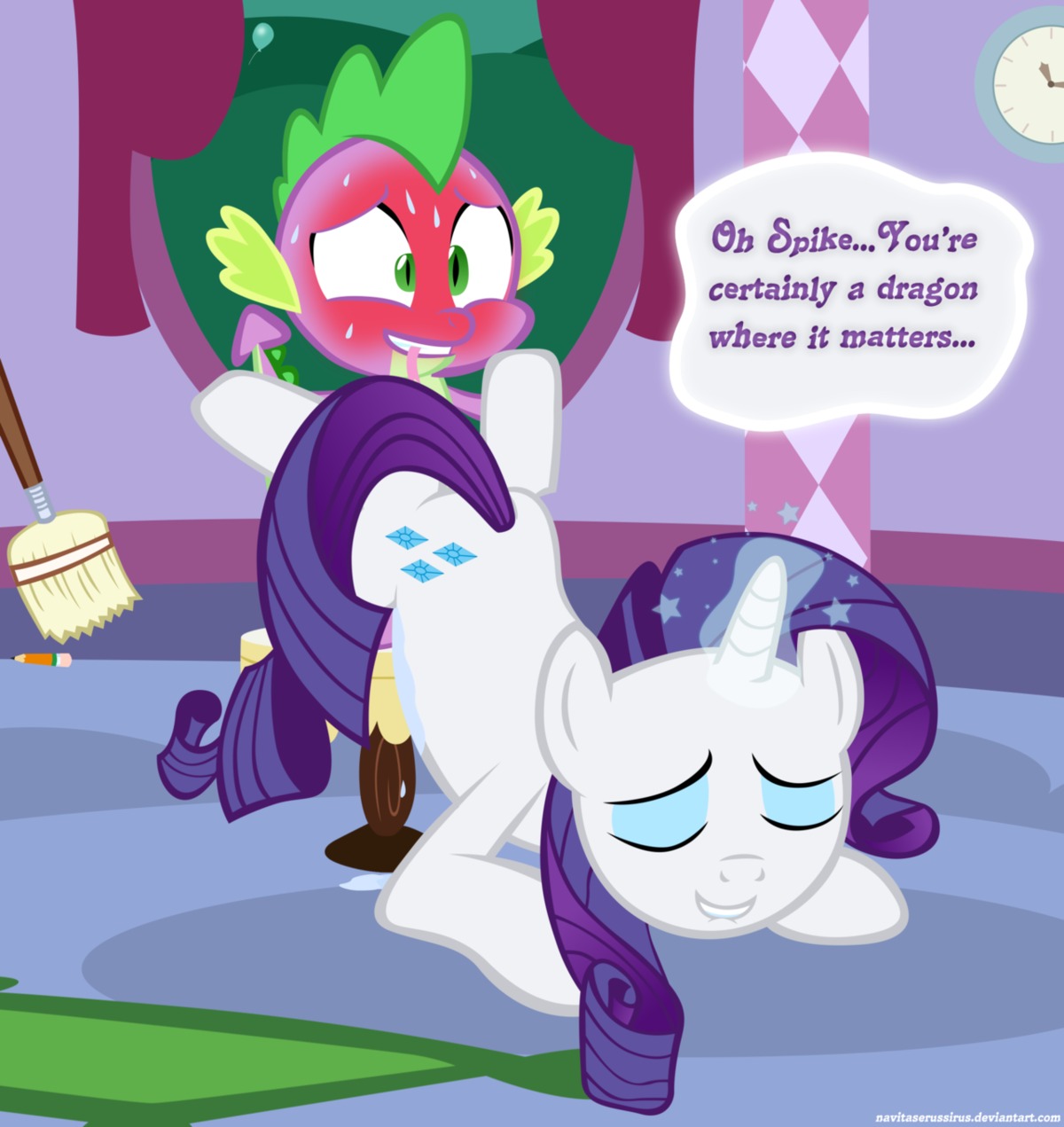 all_fours bite biting_lip biting_own_lip blue_eyeshadow blush bodily_fluids brush cutie_mark dialogue doggystyle dragon duo e621 english_text equid equine eyes_closed eyeshadow female feral friendship_is_magic from_behind_position fur furniture hair hasbro height_assist hi_res horn interspecies lips magic makeup male male/female mammal my_little_pony mythological_creature mythological_equine mythological_scalie mythology navitaserussirus nude pencil_(object) purple_hair quadruped rarity_(mlp) scalie self_bite sex sparkles spike_(mlp) stool sweat tail text unicorn white_body white_fur window young