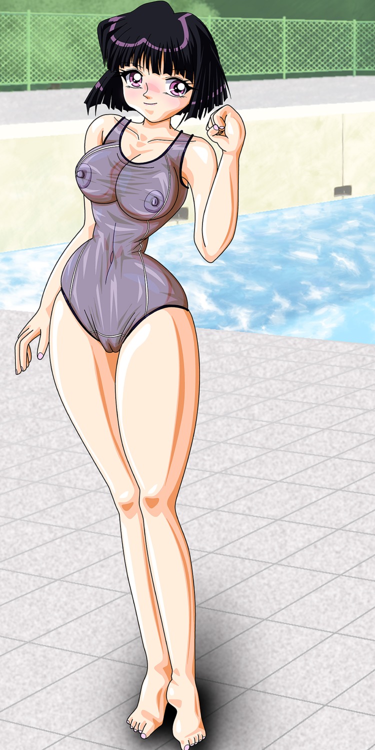 bikabika bishoujo_senshi_sailor_moon breasts female female_only hotaru_tomoe large_breasts looking_at_viewer one-piece_swimsuit pool pose posing rule34 see-through see-through_swimsuit solo swimsuit tagme