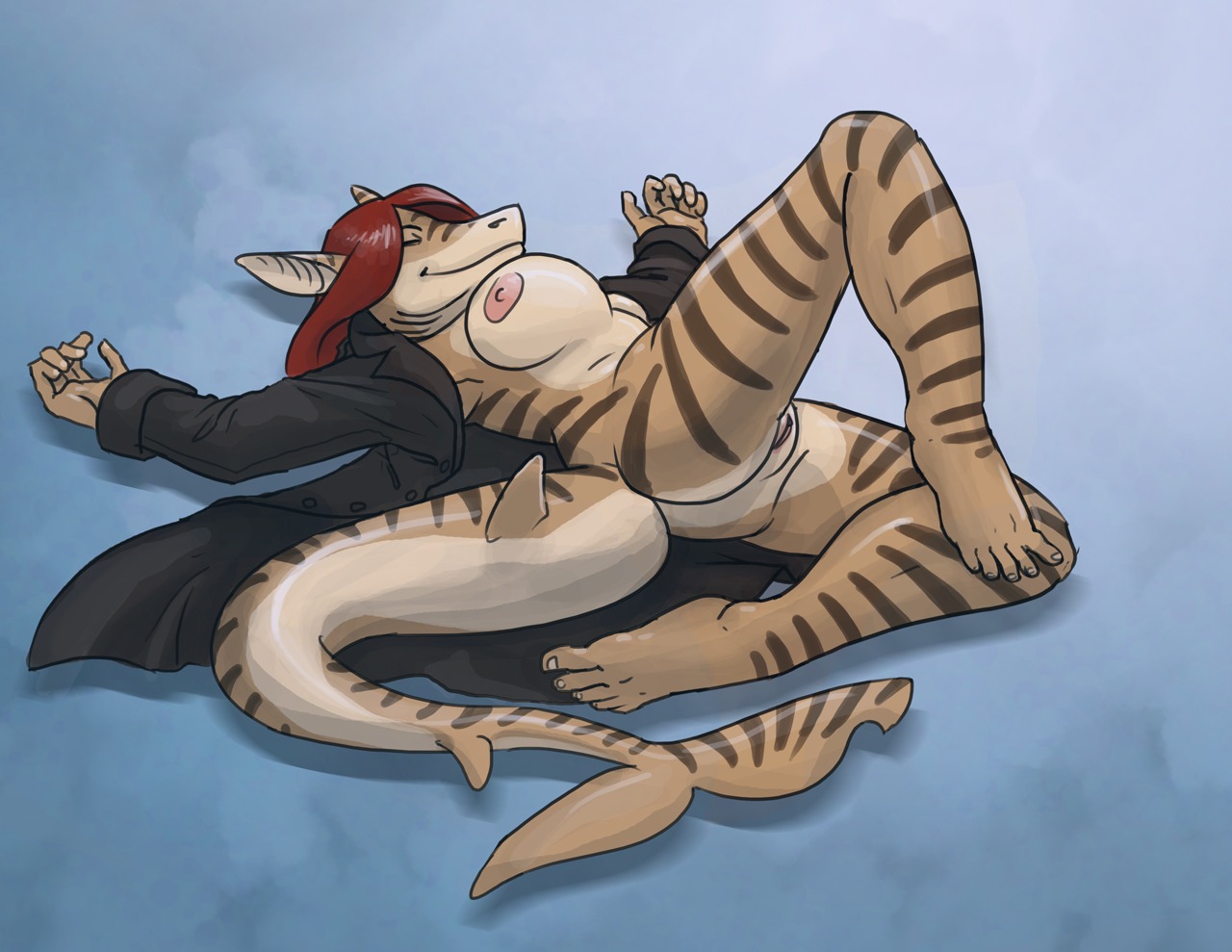2012 anthro aquatic big_breasts big_nipples bottomless breasts clothed clothing coat countershading digital_media_(artwork) e621 feet female fish genitals hair humanoid_feet long_hair looking_at_viewer nipples non-mammal_breasts non-mammal_nipples nude open_clothing open_shirt open_topwear pinup plantigrade pose red_hair seductive shark shirt simple_background sketch skimpy solo spread_legs spreading stripes syrena_(riptideshark) tail thestory topwear trenchcoat vulva