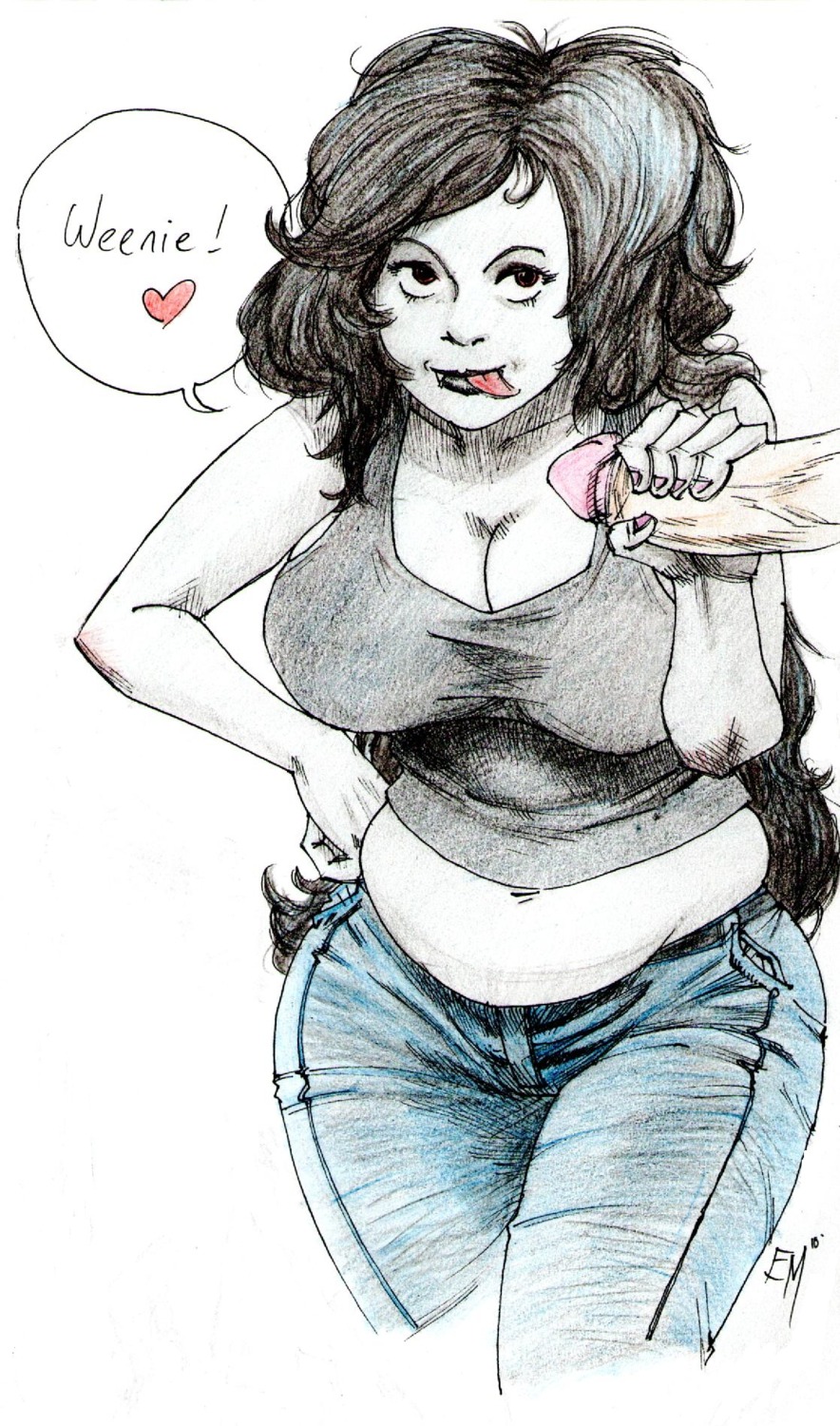 adventure_time aged_up bbw bite_marks black_hair black_lipstick black_tank_top blue_jeans chubby cleavage dark_hair fangs female goth handjob heart jeans licking_lips lipstick male marceline penis red_eyes rule34 straight_hair tank_top tongue vampire