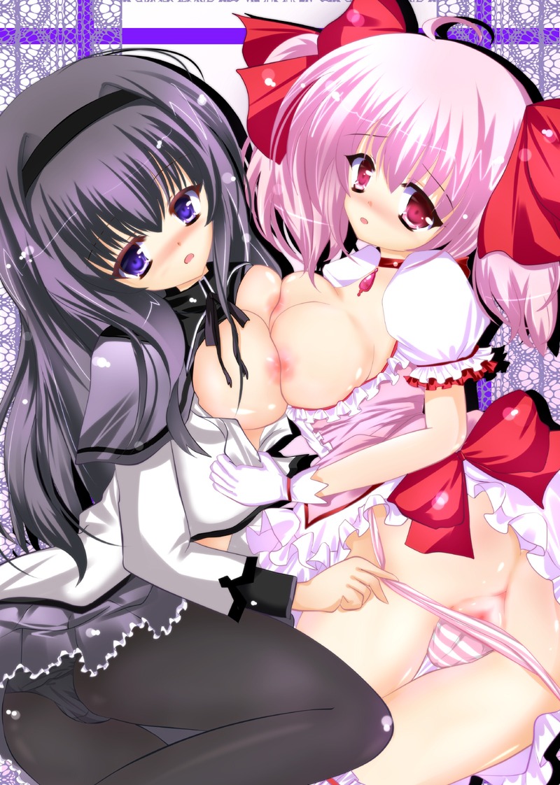 2girls akemi_homura ass big_breasts blush breasts female human large_breasts madoka_kaname mahou_shoujo_madoka_magica multiple_females multiple_girls nipples panties pussy rule34 uncensored underwear yuri