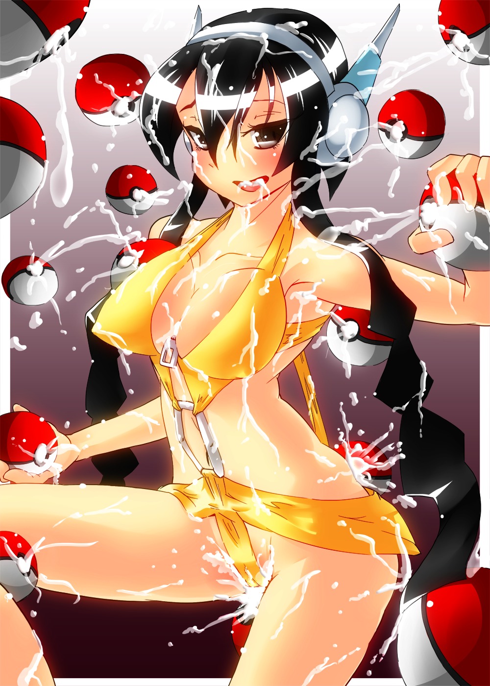 big_breasts black_eyes black_hair breasts bukkake cleavage cum cum_in_mouth cum_on_body cum_on_breasts cum_on_clothes cum_on_hair cum_on_lower_body cum_on_upper_body elesa_(pokemon) elesa_(pokemon_bw2) facial female game_freak headphones highres holding_pokeball hourglass_figure kouichi_129 nintendo pokeball pokemon pokemon_bw2 rule34