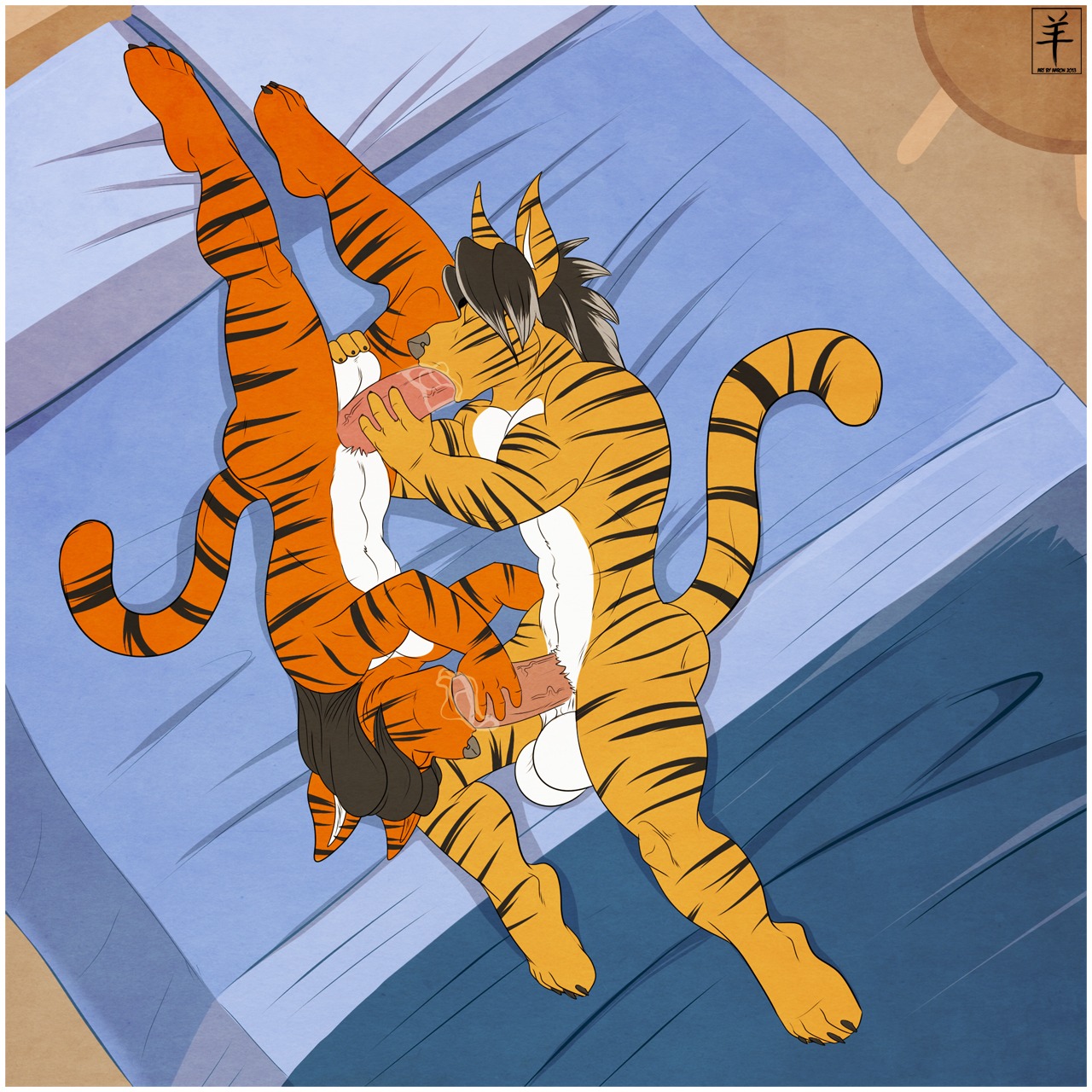1:1 2013 69_position aaron_(artist) abs anthro athletic ball_fondling balls bed bedroom biceps big_muscles big_penis black_body black_fur black_hair bodily_fluids border butt claws digital_media_(artwork) duo e621 erection eyes_closed felid fellatio fondling fur furniture genital_fluids genitals grey_hair grey_nose hair handjob hi_res humanoid_genitalia humanoid_penis leaking lying male male/male male_penetrated male_penetrating male_penetrating_male mammal markings multicolored_hair muscular muscular_male nude on_side oral oral_penetration orange_body orange_fur pantherine pecs penetration penile penis pillow precum sex stripes tan_body tan_fur tiger toe_claws two_tone_hair vein veiny_penis white_body white_border white_fur