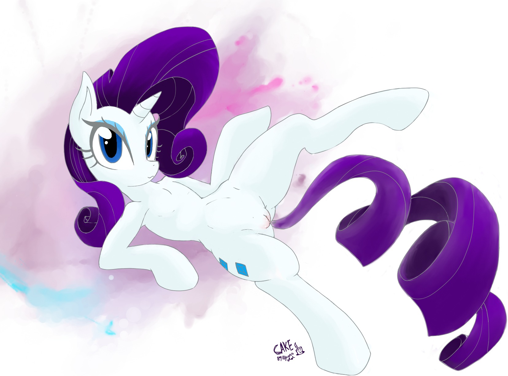 2013 abstract_background blue_eyes cutie_mark e621 equid equine female feral friendship_is_magic fur genitals hair hasbro hi_res horn mammal my_little_pony mythological_creature mythological_equine mythology purple_hair rarity_(mlp) ricocake simple_background solo spread_legs spreading unicorn vulva white_body white_fur