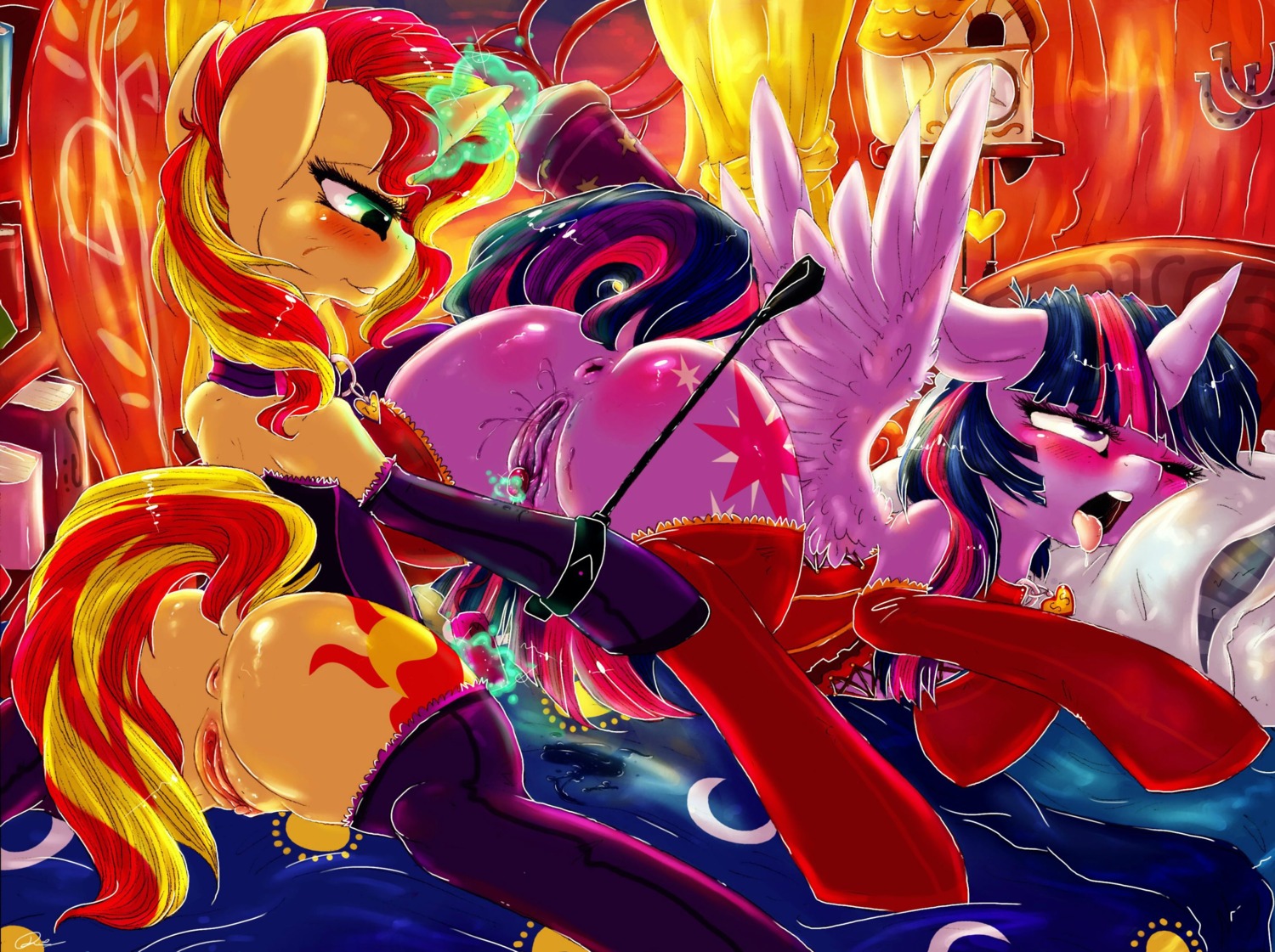2014 anus armwear bed blush bodily_fluids book butt clitoral clitoris clothing collar curtains cutie_mark dimwitdog duo e621 elbow_gloves equestria_girls equid equine feathered_wings feathers female female/female feral friendship_is_magic fur furniture genital_fluids genitals gloves green_eyes hair handwear hasbro hi_res horn inside legwear magic mammal multicolored_hair my_little_pony mythological_creature mythological_equine mythology one_eye_closed open_mouth pillow purple_body purple_eyes purple_fur purple_hair riding_crop sex_toy stockings sunset_shimmer_(eg) tongue tongue_out twilight_sparkle_(mlp) two_tone_hair unicorn vaginal_fluids vibrator vulva whip winged_unicorn wings