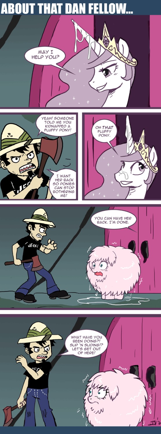 after_sex axe bodily_fluids clothed clothing comic crown cum dan_(dan_vs.) dan_vs. dialogue e621 earth_pony english_text equid equine fan_character female feral fluffle_puff friendship_is_magic genital_fluids group hair hasbro hat headgear headwear hi_res horn horse human john_joseco male mammal melee_weapon my_little_pony mythological_creature mythological_equine mythology nude pony princess princess_celestia_(mlp) princess_molestia royalty shirt text text_on_clothing text_on_shirt text_on_topwear topwear tumblr unicorn weapon