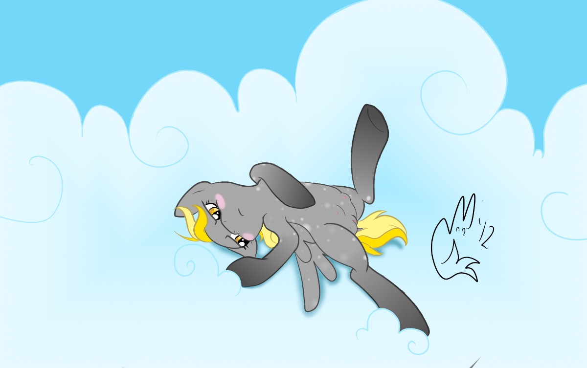 2012 cloud e621 equid equine feathered_wings feathers female feral genitals hasbro lying mammal my_little_pony mythological_creature mythological_equine mythology on_back outside pegasus pinup pose quadruped signature silvermidnight sky skyscape solo stormchaser tail teats vulva wings