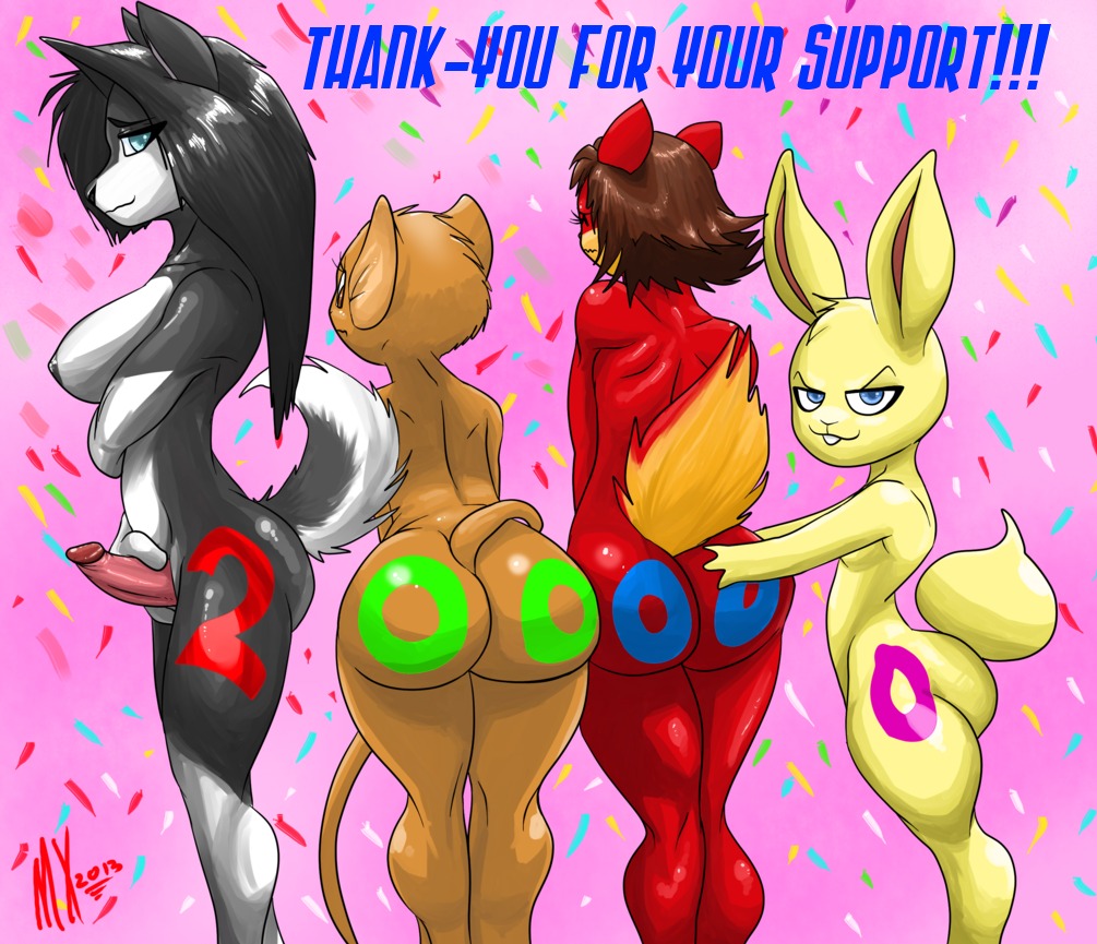 2013 anthro areola big_breasts big_butt breasts butt canid canine canis e621 english_text erect_nipples erection female genitals group gynomorph intersex lagomorph leporid looking_at_viewer looking_back mammal monkeyxflash mouse murid murine nipples nude penis rabbit rodent smile text wolf