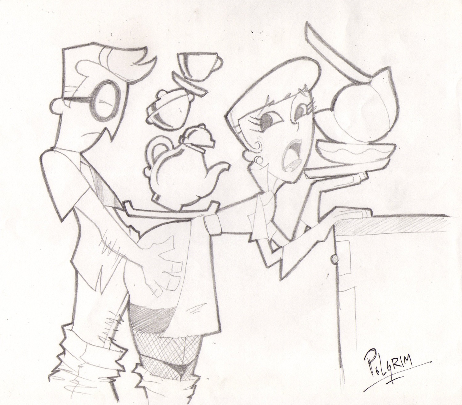 apron cartoon_network clothed dexter's_dad dexter's_laboratory dexter's_mom doggy_style dress earrings female from_behind glasses gloves human kitchen male monochrome multitasking open_mouth partially_clothed pilgrim_(artist) pussy rule34 short_hair stockings straight vaginal_penetration