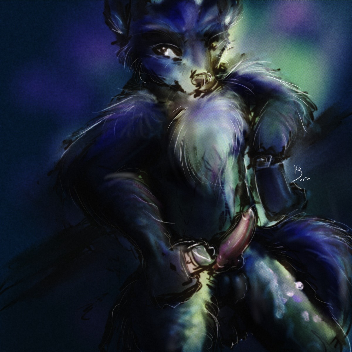 1:1 animal_genitalia animal_penis anthro balls biped blue_body blue_fur canid canine canine_genitalia canine_penis canis dlost e621 erection fur genitals hi_res kneeling male mammal penis red_penis solo tail wolf