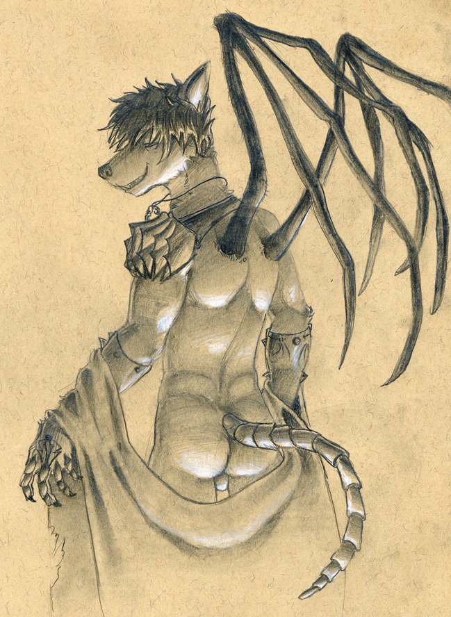 anthro balls canid canine canis e621 genitals looking_at_viewer looking_back looking_back_at_viewer male mammal nude solo tail tush_(artist) wings wolf