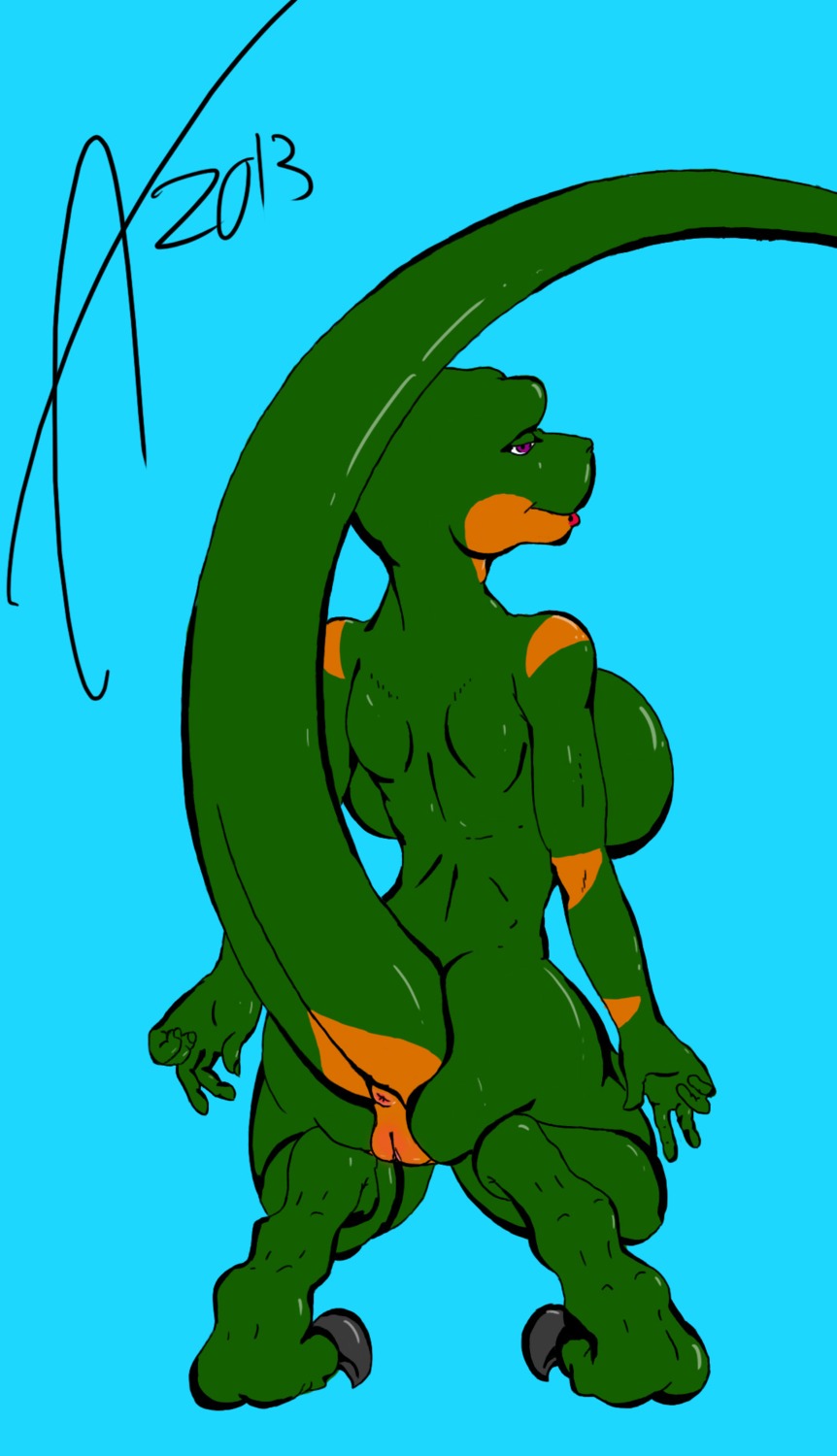 2013 aisha_neavi_(akelyx) akelyx_(artist) anthro anus big_breasts big_butt breasts butt claws dinosaur dromaeosaurid e621 female genitals hi_res huge_breasts non-mammal_breasts nude pose prehistoric_species presenting reptile saurischian scalie simple_background smile solo tail theropod velociraptor vulva wide_hips