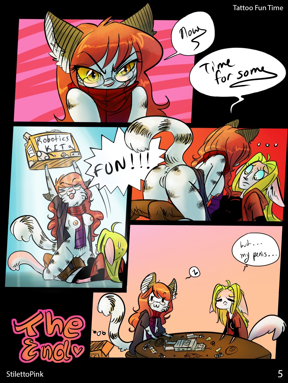 after_transformation anthro blonde_hair breasts comic duo e621 english_text felid female genitals hair hi_res humor machine mammal orange_hair robot scarf sedire_(deiser) sorsha_(desmondfallout) stilettopink stripes tail text vulva yellow_eyes