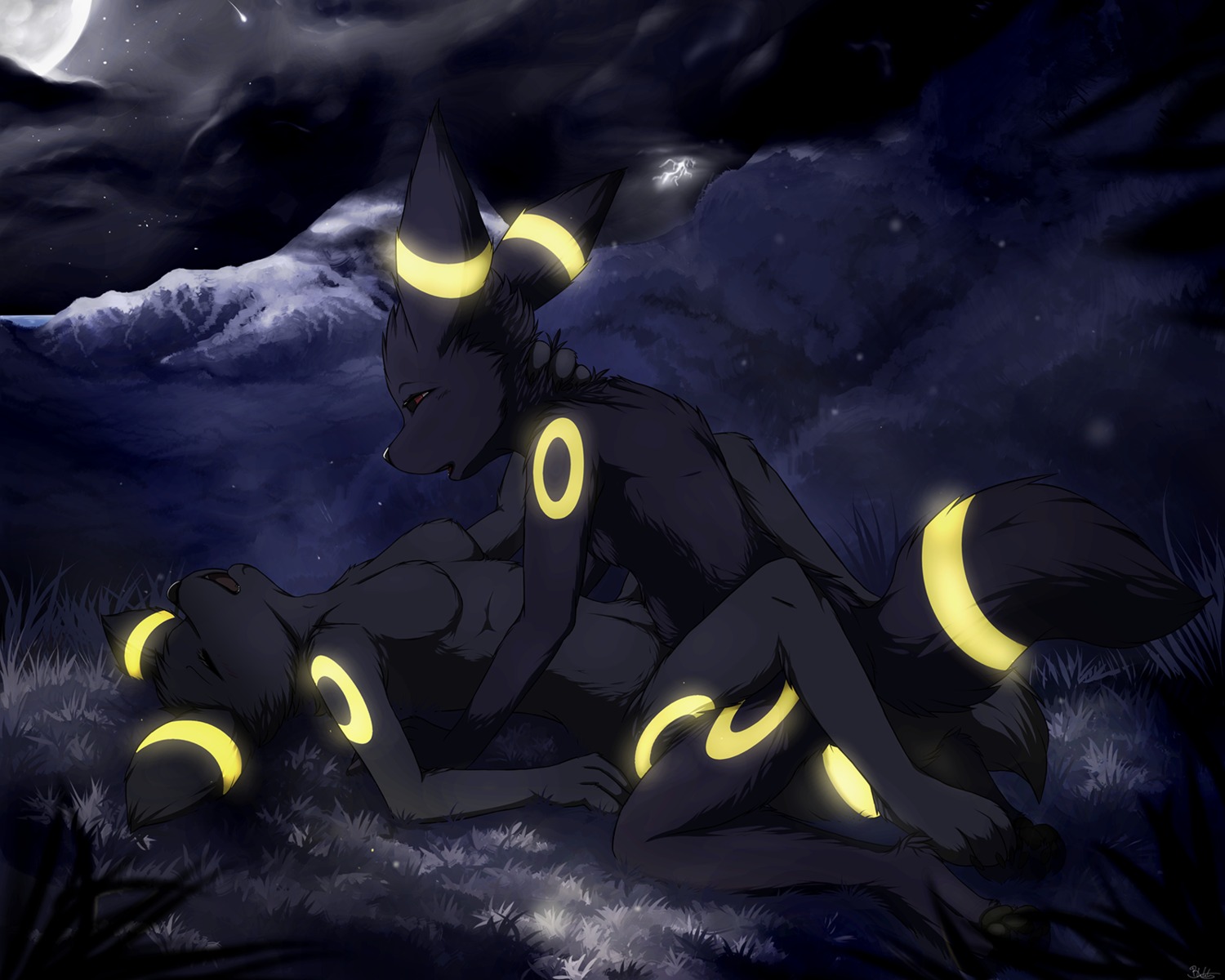 3_toes 5:4 anthro anthrofied black_body black_fur blackfury breasts cool_colors duo e621 eeveelution eyes_closed featureless_breasts feet female from_front_position fur generation_2_pokemon glowing glowing_body glowing_fur grass hi_res intraspecies looking_pleasured lying male male/female missionary_position moon mountain night nintendo nude on_back open_mouth outside pawpads plant pokemon pokemon_(species) pokemorph red_eyes sex tail tasteful toes umbreon