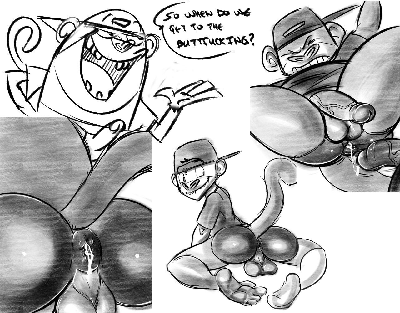 anal anal_penetration anus atelid backsack balls bodily_fluids bottomless butt cartoon_network clothed clothing cum cum_in_ass cum_inside duo e621 erection feet genital_fluids genitals haplorhine hat headgear headwear jake_spidermonkey jerseydevil male male/male mammal monkey monochrome my_gym_partner's_a_monkey new_world_monkey penetration penile penile_penetration penis penis_in_ass prehensile_feet presenting primate shirt solo_focus spider_monkey tail toes topwear vein