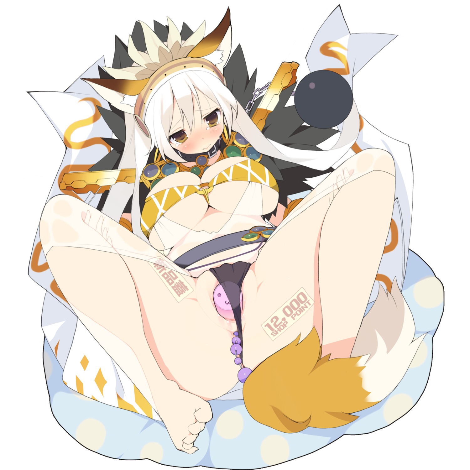 1girls anal_beads anal_beads_tail animal_ear ball_and_chain ball_and_chain_restraint barefoot black_panties blush breasts brown_eyes cleavage clothed_masturbation clothing collar female fox_ear fox_tail headdress highres iroirodesu large_breasts long_hair masturbation panties pussy pussy_juice ragnarok_online rule34 see-through see-through_clothing sex_toy solo sorcerer_(ragnarok_online) spread_legs tail tear underboob underwear vaginal_insertion vibrator vibrator_under_panties white_hair