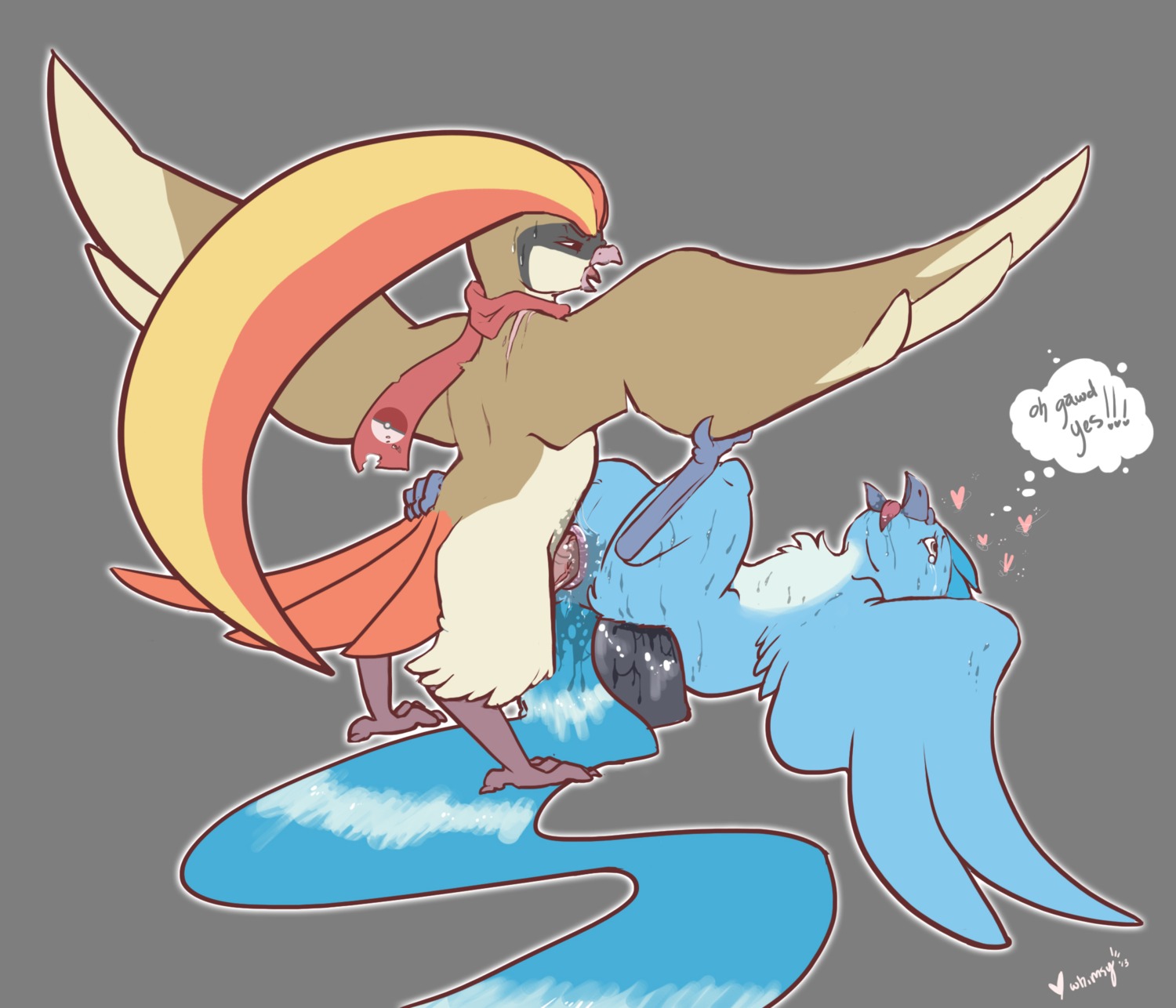 3_toes anal animal_genitalia articuno avian beak blonde_hair blue_body blue_fur bodily_fluids brown_body brown_fur claws cloaca cloacal cloacal_penetration cum cum_inside duo e621 english_text erection exclamation_point feathered_wings feathers feet female female_penetrated feral feral_on_feral fur generation_1_pokemon genital_fluids genitals grey_background hair heart_symbol hi_res legendary_pokemon long_hair looking_down looking_up lying male male/female male_penetrating male_penetrating_female multicolored_hair narrowed_eyes nintendo nude on_back open_mouth orange_hair orgasm penetration penis pidgeot pokeball pokemon pokemon_(species) scarf sex simple_background squint standard_pokeball standing sweat tail tail_feathers text toe_claws toes tongue whimsydreams wings