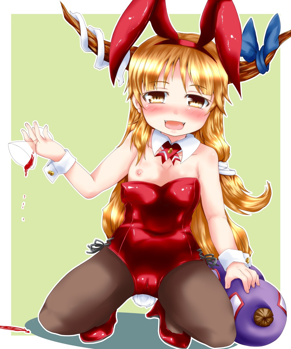 1girls alcohol blonde_hair breasts bunny_ears bunnysuit cameltoe drunk female female_only looking_at_viewer one_breast_out open_mouth pussy rule34 simple_background small_breasts solo suika_ibuki tagme touhou yellow_eyes
