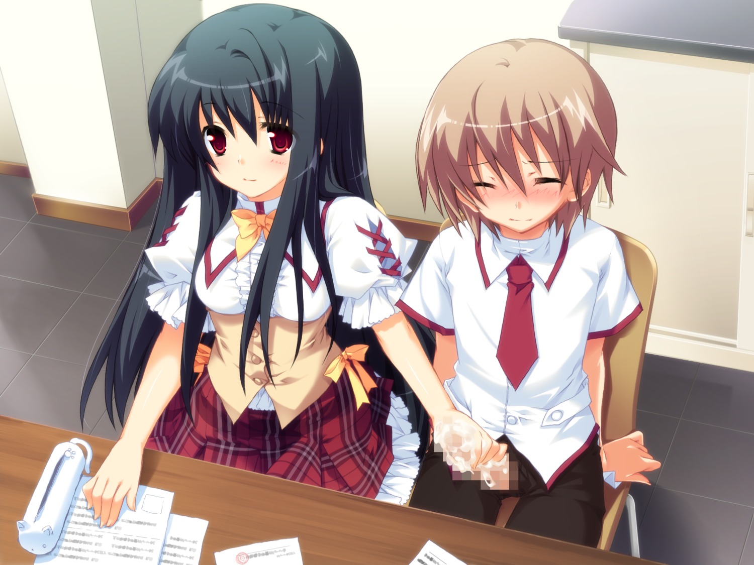 anekano black_hair brown_eyes brown_hair censored cum female game_cg long_hair male male/female masturbation moo noyama_ringo noyama_sakura penis red_eyes rule34 seifuku