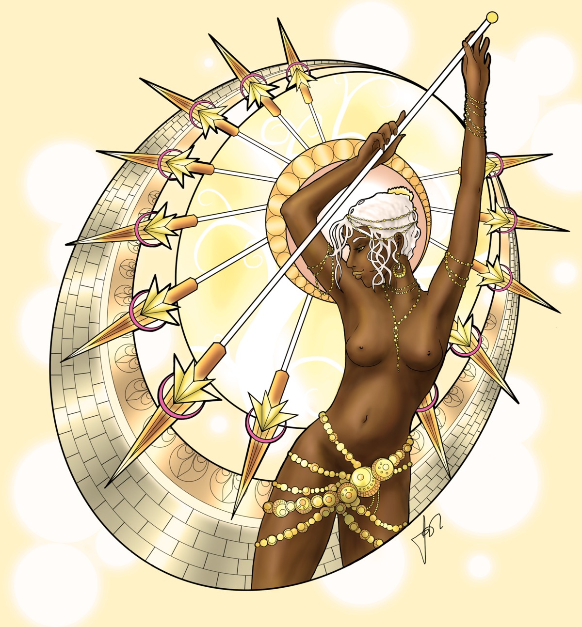 art_deco art_nouveau breasts brown_skin dark_skin female female_only front_view guild_wars holding_spear lips nude paragon polearm rule34 solo spear tagme thedeathspell weapon white_hair