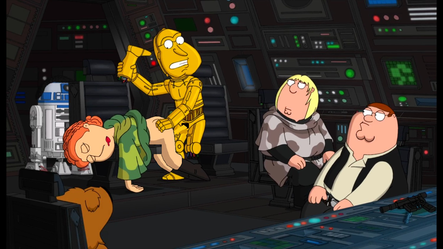 bent_over blaster_(star_wars) brian_griffin c-3po chewbacca chris_griffin crossover dl-44_heavy_blaster_pistol doggy_style droid_(star_wars) family_guy female firearm glenn_quagmire gun han_solo_(cosplay) human interspecies lois_griffin luke_skywalker_(cosplay) male mother_and_son peter_griffin pistol princess_leia_organa_(cosplay) r2-d2 return_of_the_jedi rule34 spaceship star_wars straight weapon wookiee