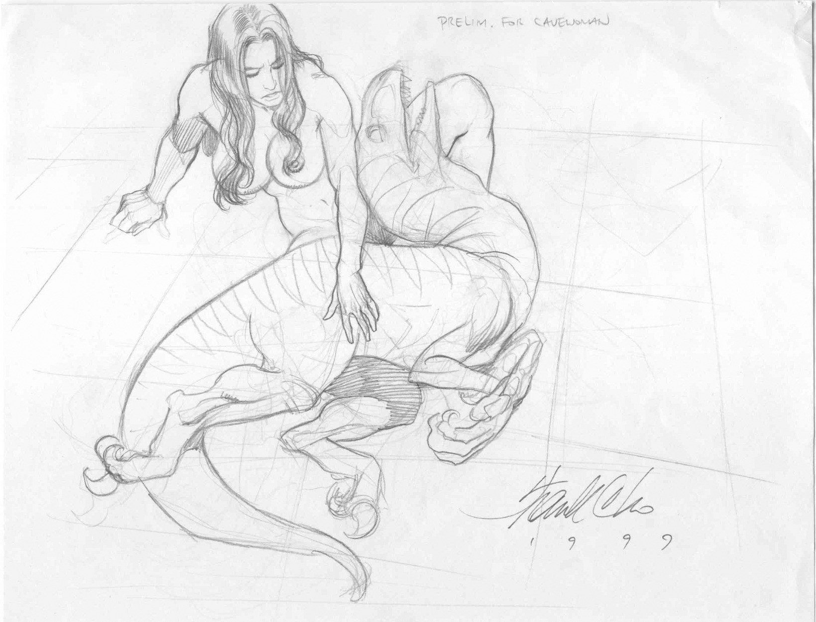 1990s 1990s_(style) 1999 1animal 1girls 20th_century 90s basement_comics black_and_white cavewoman cavewoman_(basement_comics) cavewoman_(series) dinosaur female frank_cho meriem_cooper nude rule34 sketch tagme text