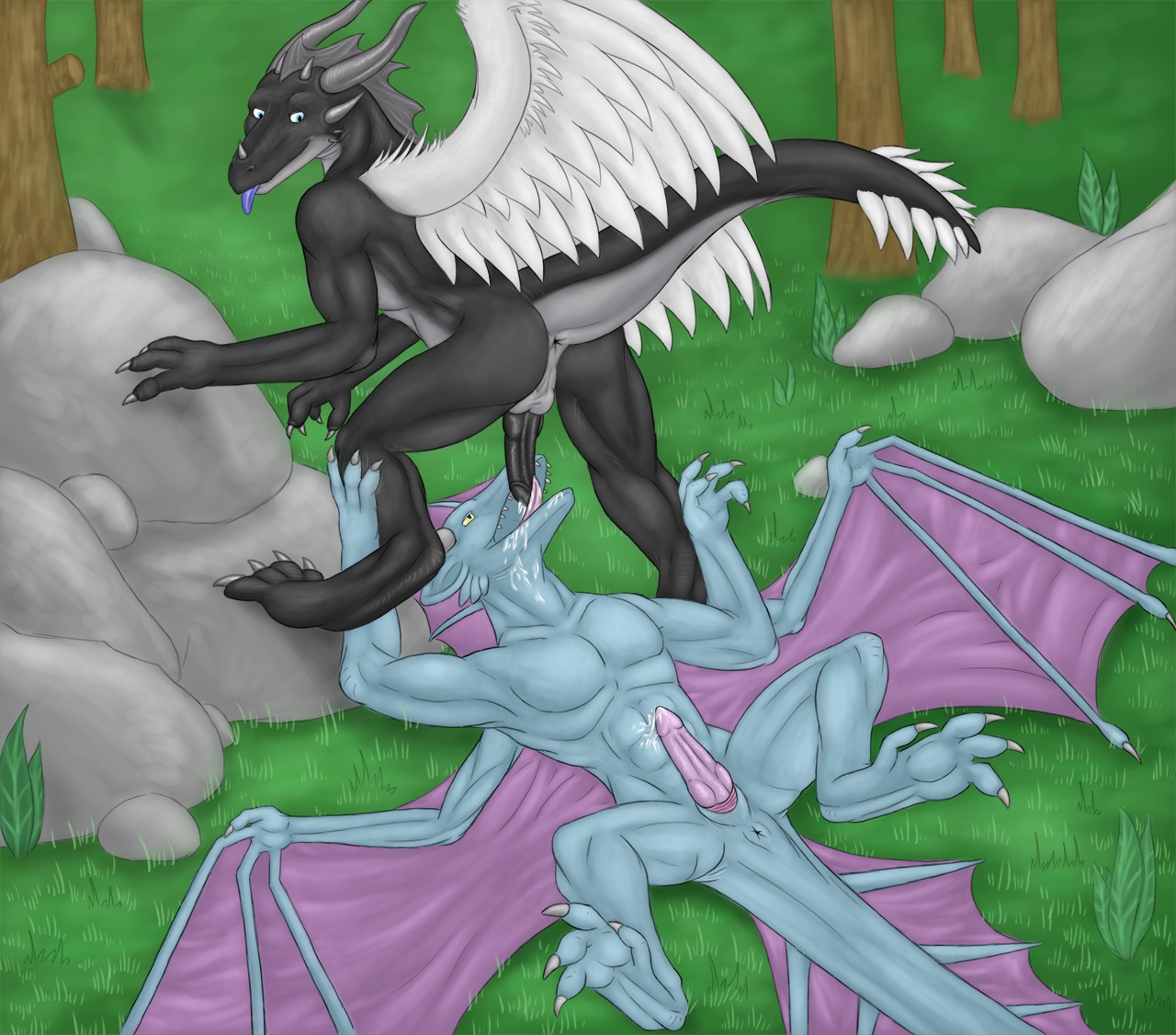 abs animal_genitalia anthro anus backsack balls biceps black_penis blue_eyes bodily_fluids claws cum cum_in_mouth cum_inside detailed_background dragon duo e621 erection european_mythology feathered_wings feathers fellatio forest genital_fluids genital_slit genitals hildale hildale_(character) horn knot licking looking_back lying male male/male male_penetrated male_penetrating male_penetrating_male muscular mythological_creature mythological_scalie mythology nature nude oral outside pecs penetration penile penis penis_lick plant raised_tail rega rock scalie sex spread_legs spread_wings spreading tail tongue tongue_out tree western_dragon wings