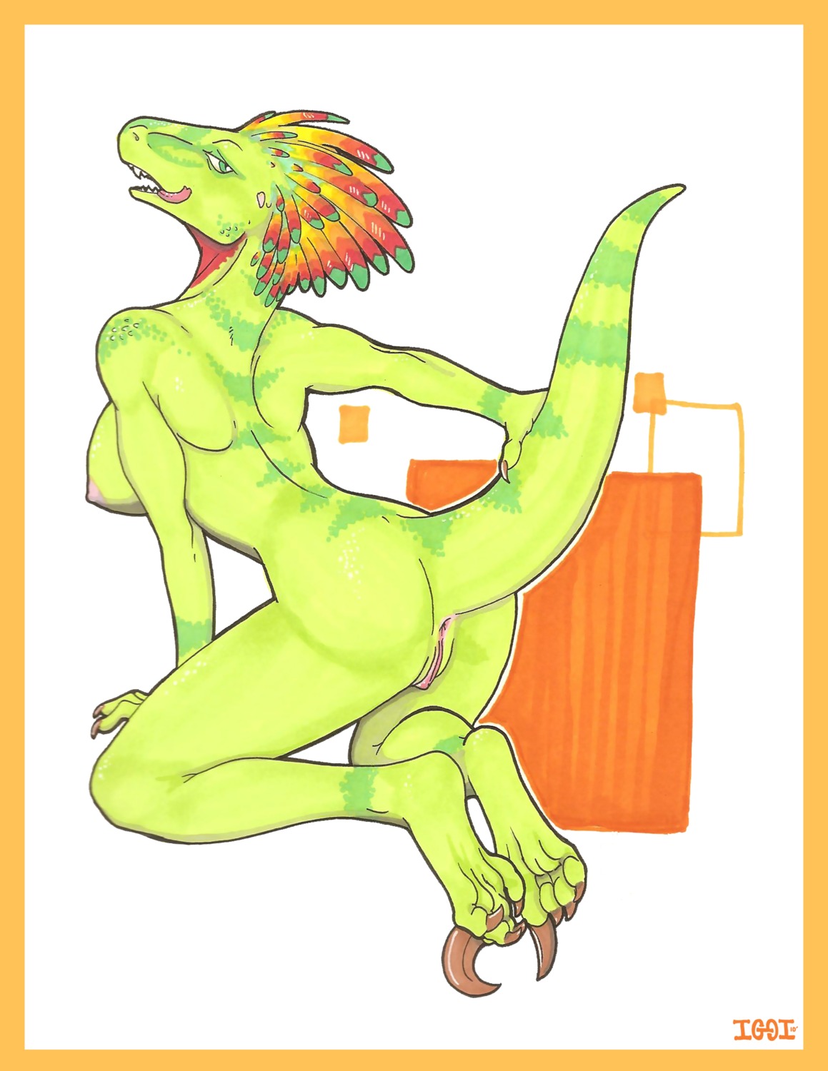 2010 absurd_res anthro anus breasts butt dinosaur dromaeosaurid e621 female genitals green_eyes green_markings hi_res iggi licking licking_lips licking_own_lips lizard looking_at_viewer markings mooning nipples non-mammal_breasts non-mammal_nipples nude prehistoric_species presenting presenting_hindquarters raised_tail reptile saurischian scalie self_lick side_boob solo tail theropod tongue tongue_out velociraptor vulva