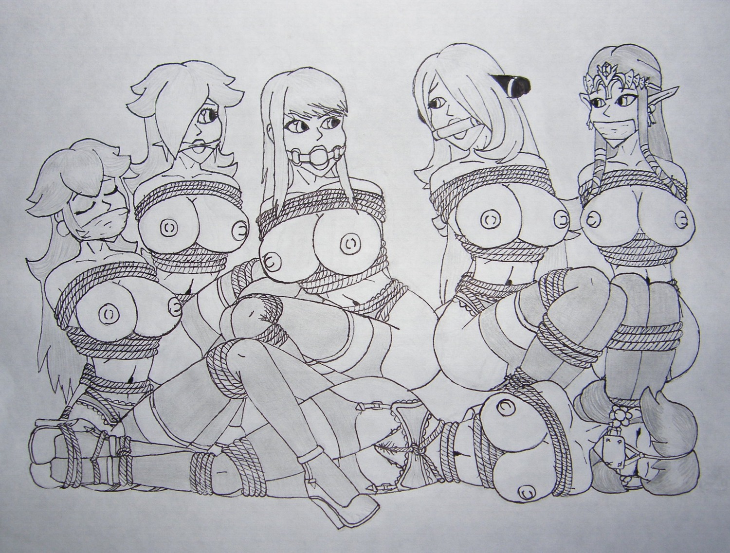 6girls ball_gag bit_gag bondage bound breasts cloth_gag crossover crotch_rope cynthia_(pokemon) female femsub gag gagged high_heels human human_only mario_(series) metroid monochrome multiple_females multiple_girls multiple_subs nintendo nipples panel_gag pokemon princess_daisy princess_peach princess_rosalina princess_zelda pubic_hair raver1357 restrained rope rope_bondage rule34 samus_aran straight_hair tape_gag taped_mouth the_legend_of_zelda thighhighs tied_up twilight_princess zelda_(twilight_princess)