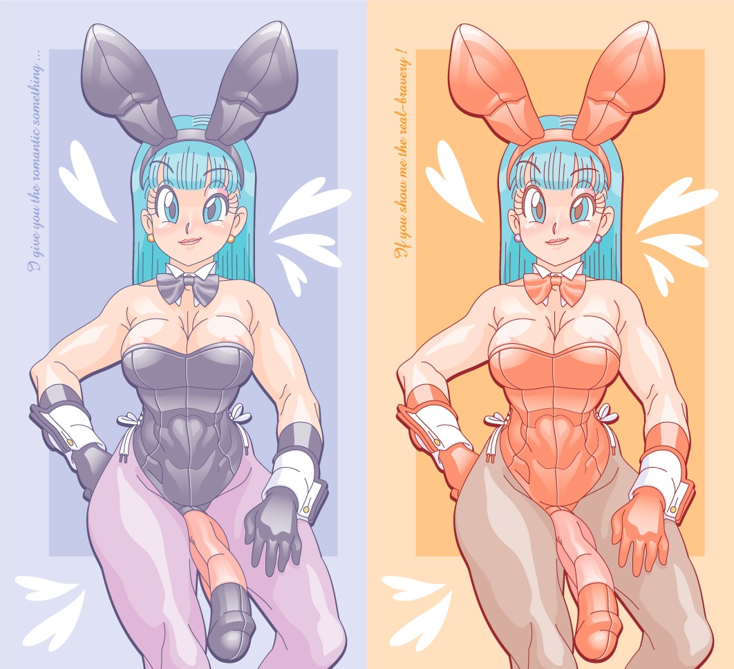 1futa 1girls ahe_gao areola areola_slip blue_eyes blue_hair blush bowtie breasts bulma_(bunny) bulma_briefs bunny_costume bunny_ear bunny_girl bunnysuit detached_collar dickgirl doomshaman dragon_ball female futanari intersex pantyhose penis rule34 text wrist_cuffs