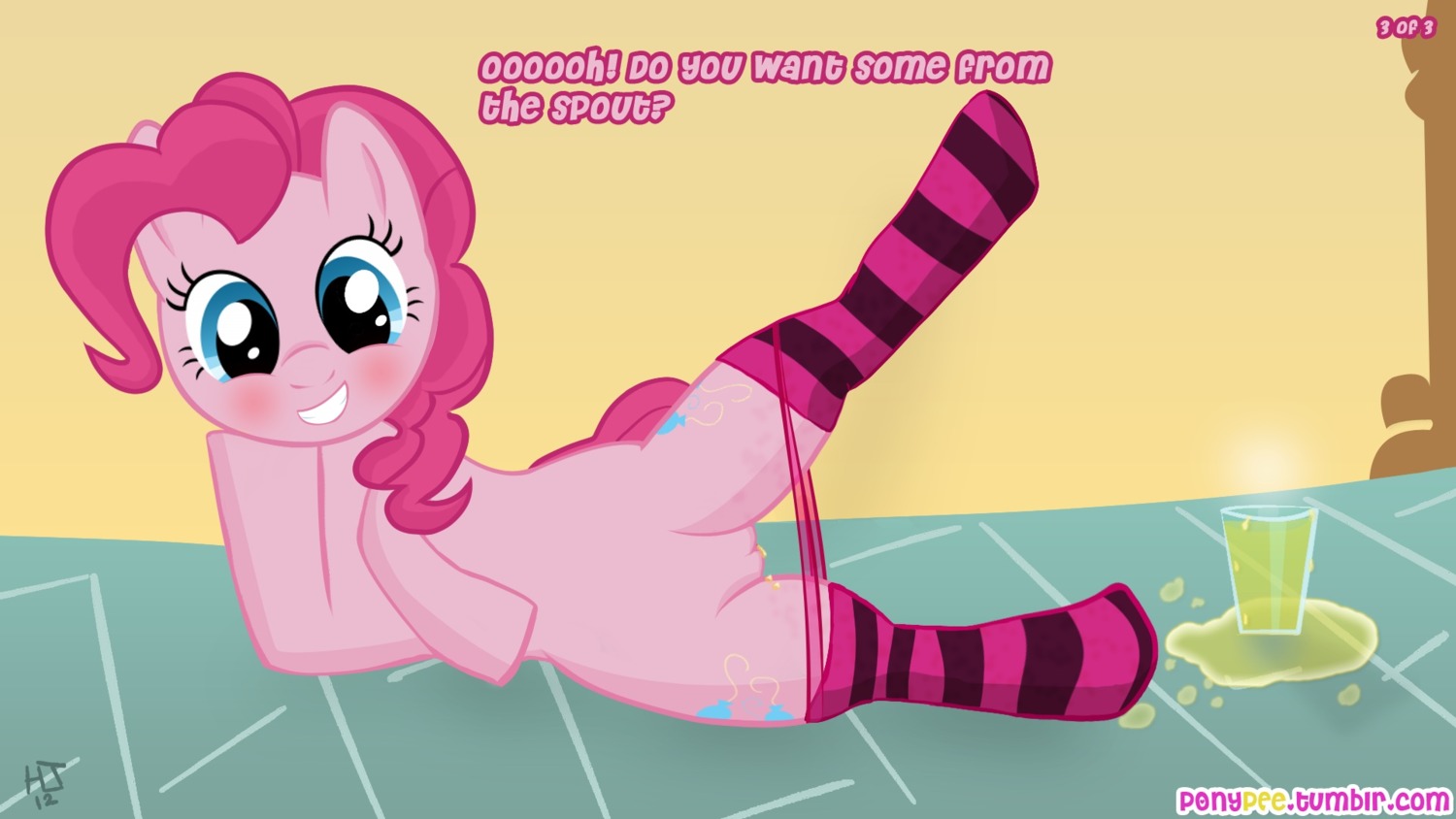 16:9 blue_eyes blush bodily_fluids clothing cutie_mark e621 earth_pony english_text equid equine female feral friendship_is_magic fur genital_fluids genitals hair hasbro hi_res horse mammal my_little_pony panties peeing peeing_into_cup pink_body pink_fur pink_hair pinkie_pie_(mlp) pony semi-anthro solo teeth text underwear unknown_artist urine vulva watersports widescreen
