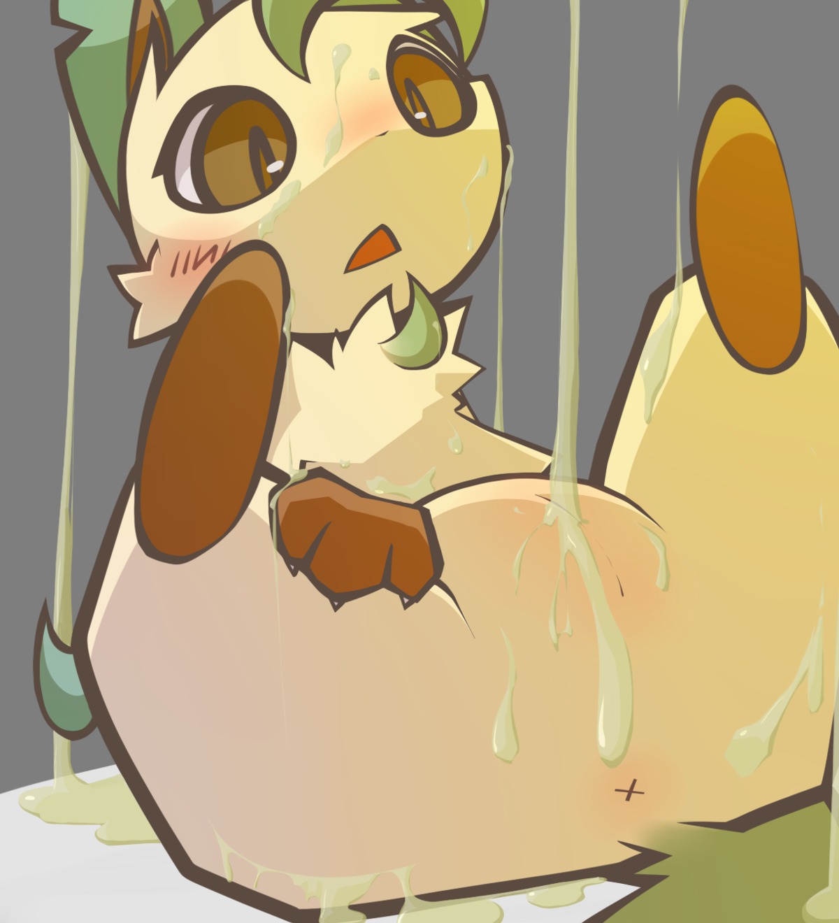 alpha_channel anus blush bodily_fluids cum cum_on_body cum_on_face cum_on_vulva dripping e621 eeveelution female feral generation_4_pokemon genital_fluids genitals hi_res innie_vulva leafeon messy nintendo nude pokemon pokemon_(species) shin_(artist) simple_background solo transparent_background vulva x_anus
