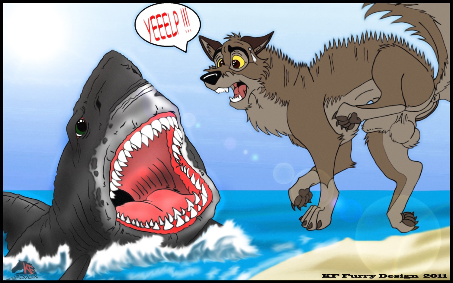 16:10 2011 ambiguous_gender anus aquatic attack balls balto balto_(series) bodily_fluids canid canine canis crossover dialogue digitigrade domestic_dog duo e621 english_text feral fish genitals great_white_shark hi_res hybrid kf_furry_design lens_flare mackerel_shark male mammal open_mouth quadruped scared seaside shark sweat sweatdrop tail teeth text toony universal_studios water white_shark widescreen wolf wolfdog
