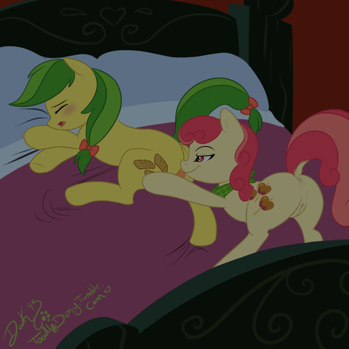 1:1 2013 accessory amber_eyes anus apple_bumpkin_(mlp) apple_fritter_(mlp) ass_up bed blush bodily_fluids bow_(feature) bow_accessory bow_ribbon cousins_(lore) cunnilingus cutie_mark drooling duo e621 earth_pony equid equine eyes_closed female female/female feral friendship_is_magic fur furniture genitals green_hair hair hair_accessory hair_bow hair_ribbon hasbro hi_res horse incest_(lore) licking lildooks lying mammal multicolored_hair my_little_pony on_side open_mouth oral pillow pony raised_tail red_hair ribbons saliva scarf sex signature sleep_sex sleeping smile tail tan_body tan_fur tongue tongue_out two_tone_hair vaginal vulva yellow_body yellow_fur