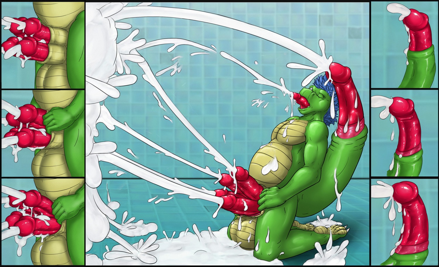 absurd_res animal_genitalia anothergamer anthro balls biped blue_hair bodily_fluids comic cum cum_cannon cum_everywhere cum_on_body cum_pool cumshot e621 ejaculation erection excessive_cum excessive_genital_fluids eyes_closed genital_fluids genitals hair hi_res humanoid_genitalia humanoid_penis kneeling lizard male messy motaro_(artist) multi_genitalia multi_penis nude orgasm penis penis_everywhere penis_tongue red_penis reptile scalie sheath simple_background slightly_chubby solo tail tail_genitals tail_penis unusual_anatomy unusual_genitalia_placement unusual_penis_placement unusual_tail what