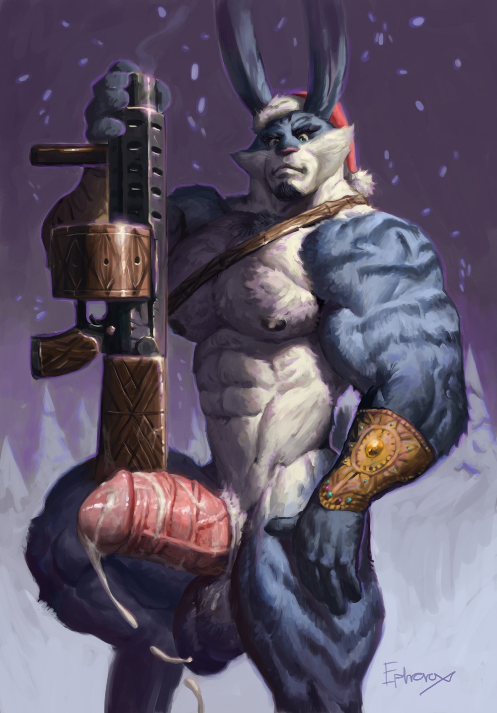 abs anthro anthrofied balls beard biceps big_balls big_muscles big_penis biped black_nipples blue_body blue_fur bodily_fluids cum cum_on_penis e._aster_bunnymund e621 ephorox erection facial_hair fur genital_fluids genitals green_eyes gun hi_res huge_balls huge_penis hyper hyper_genitalia hyper_penis lagomorph leporid looking_at_viewer male mammal muscular muscular_anthro muscular_male navel nipples nude outside pecs penis rabbit ranged_weapon rise_of_the_guardians signature snow snowing solo standing thick_penis vein veiny_penis weapon whiskers white_body white_fur