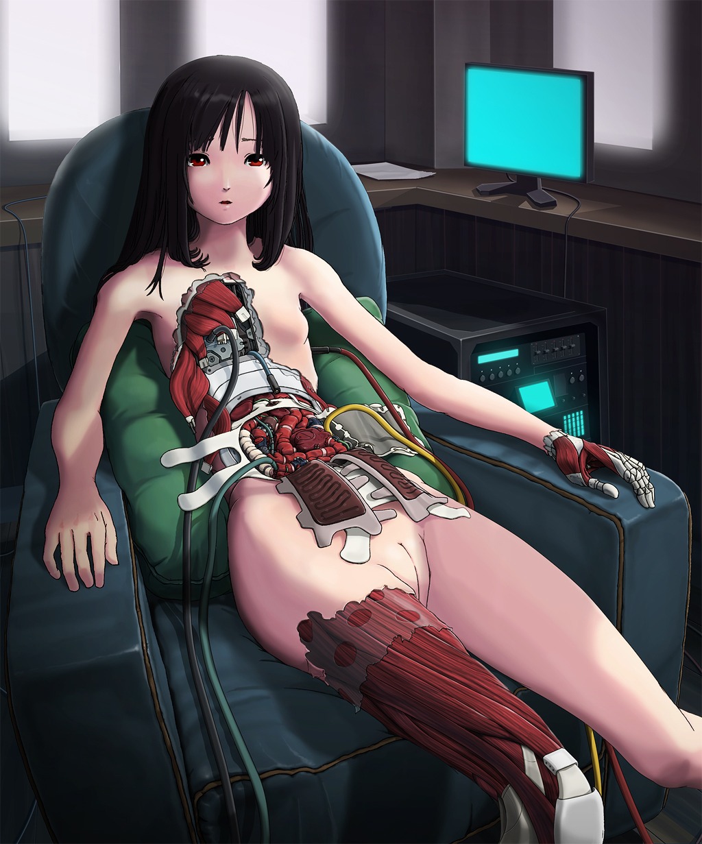 1girls android black_hair breasts cable computer couch featureless_breasts female gynoid highres long_hair looking_at_viewer machine mechabare no_nipples nude original parts_exposed pussy red_eyes robot robot_joints rule34 solo sukabu