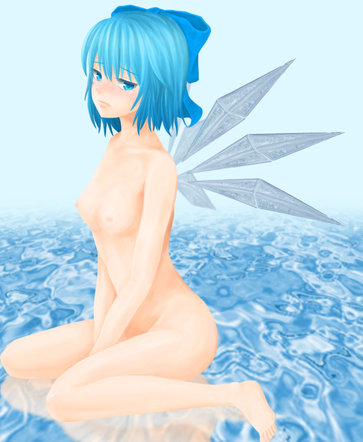 bangs blue_eyes blue_hair blush breasts cirno eyebrows_visible_through_hair fairy female female_only hairbow looking_at_viewer nipples nude rule34 simple_background touhou water white_background